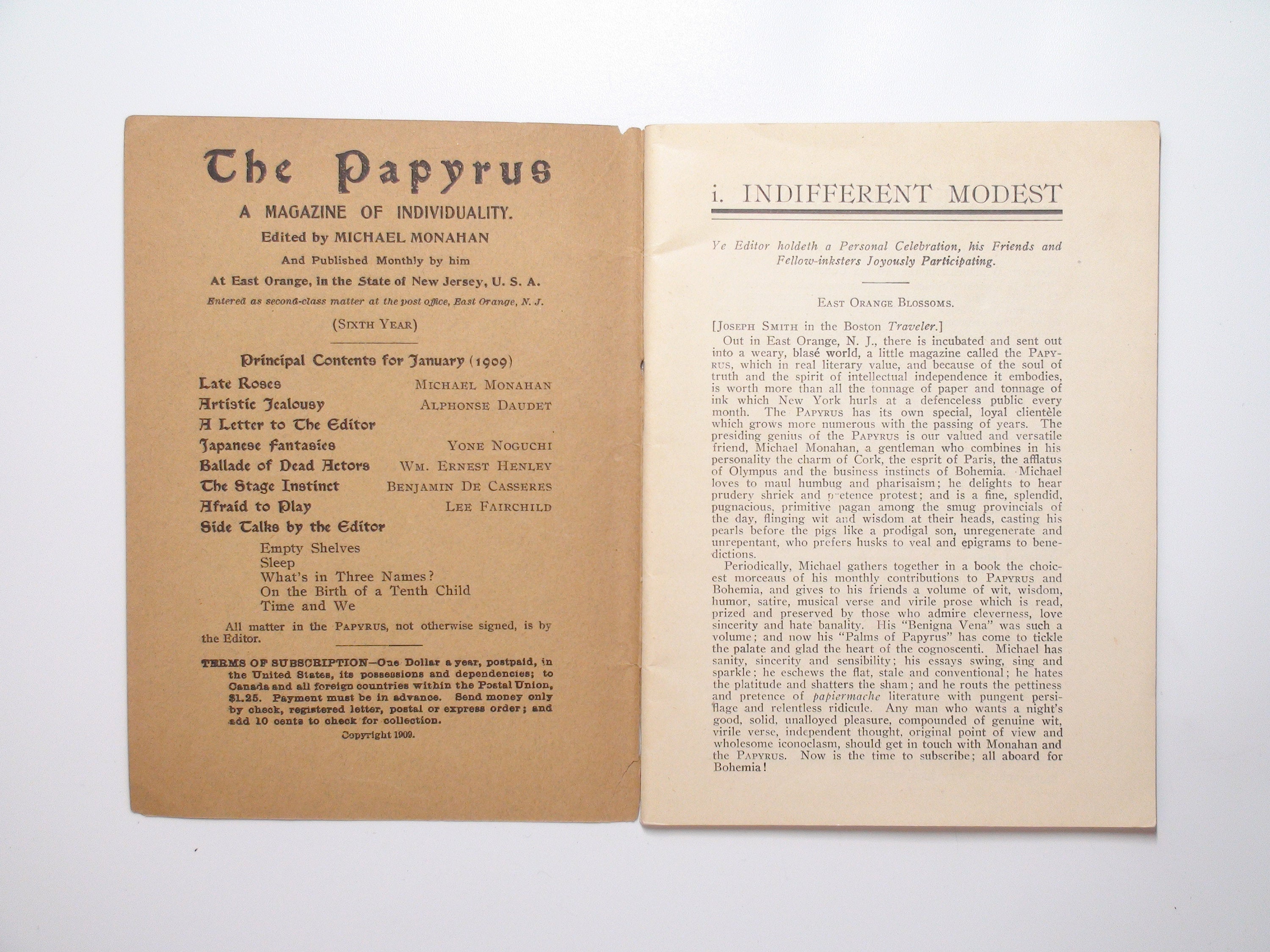 The Papyrus Magazine, Ed. by Michael Monahan, RARE, 1st Ed, January 1909