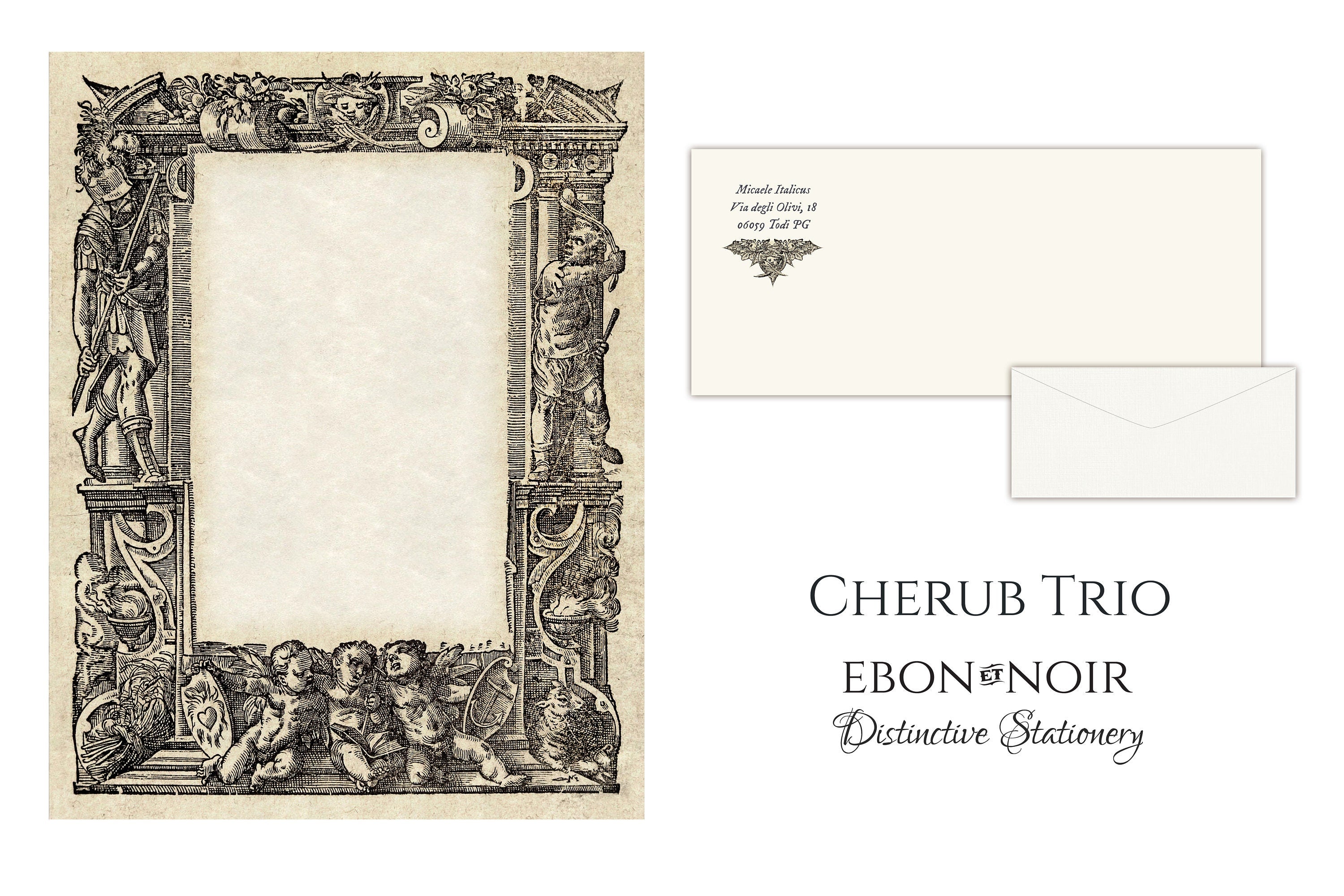 Medieval Cherub Trio, Luxurious Handcrafted Stationery Set for Letter Writing, Personalized, 12 Sheets/10 Envelopes
