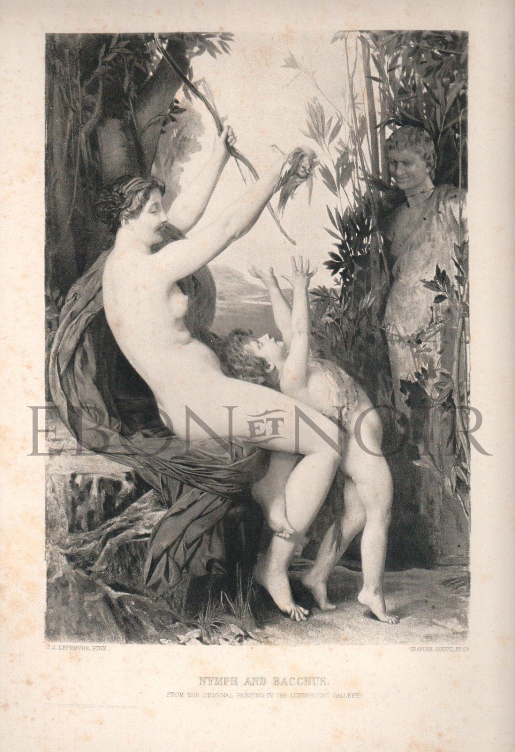 Nymph and Bacchus by Renown Artist Jules Joseph Lefebvre, Original Photogravure Engraved by Goupil & Co., 1881, RARE, Nude, Mythology