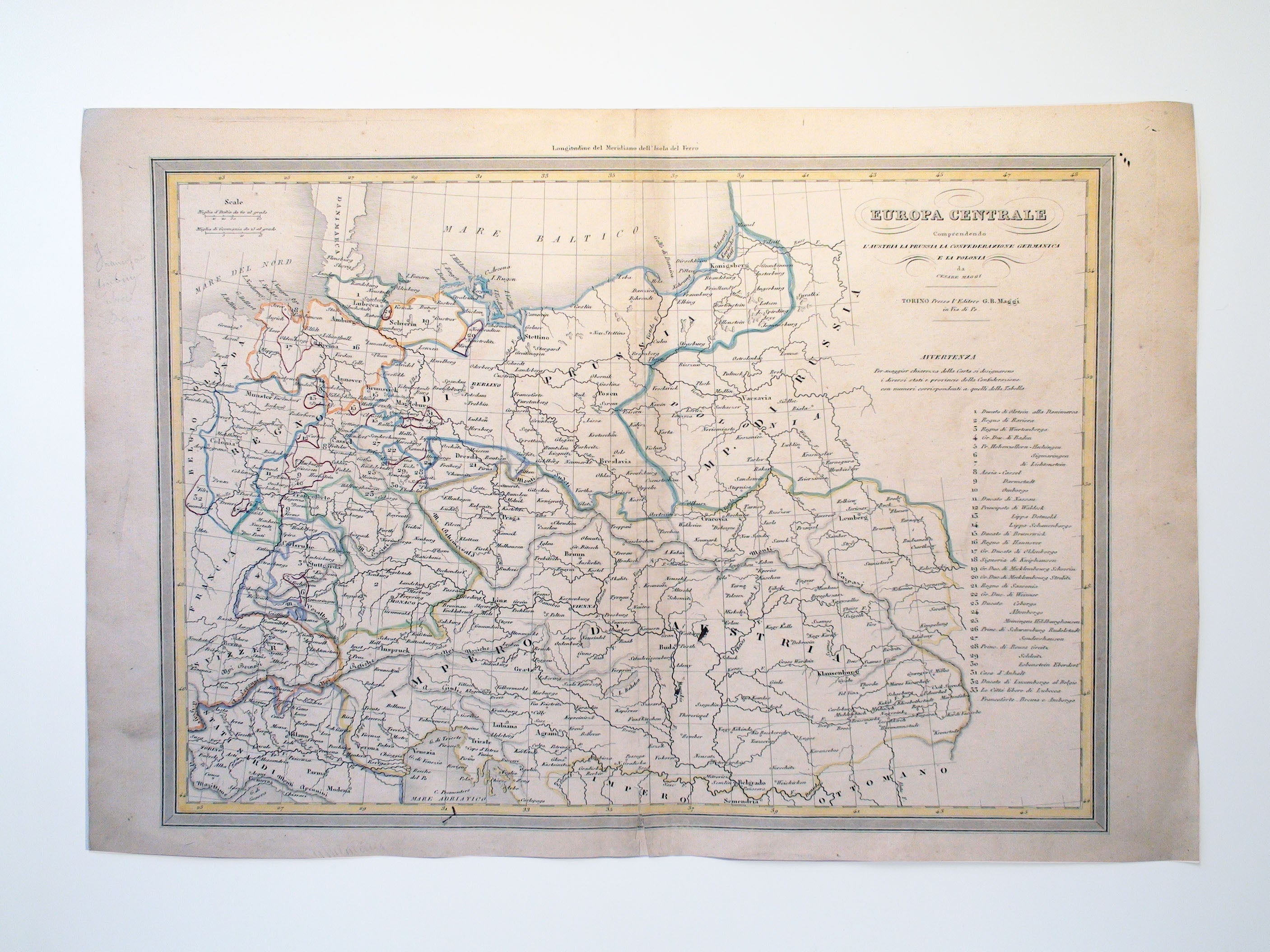 Europa Centrale, Central Europe Vintage Map, Italian Language, 1859