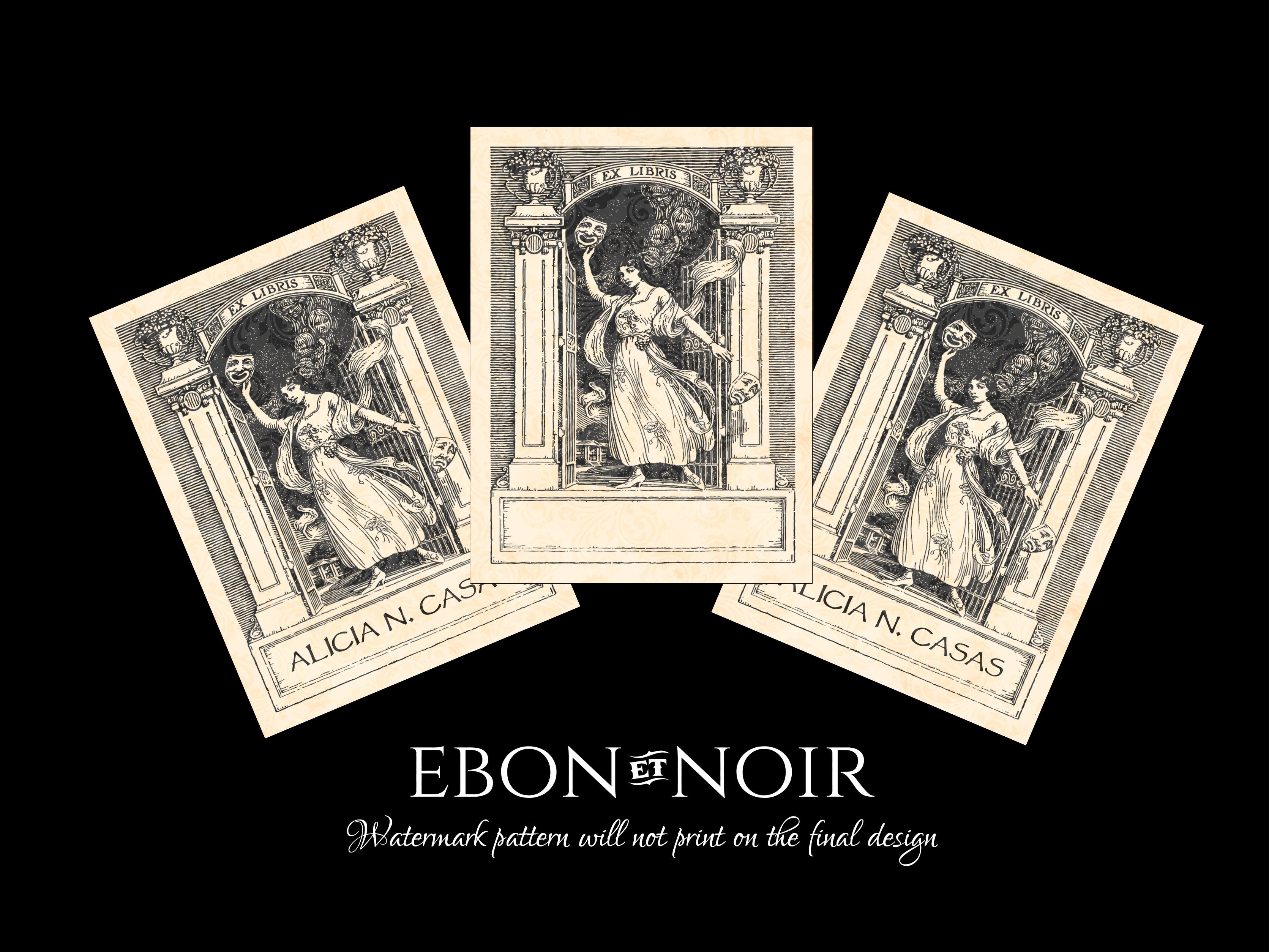 Theater Masks, Personalized Gothic Ex-Libris Bookplates, Crafted on Traditional Gummed Paper, 3in x 4in, Set of 30
