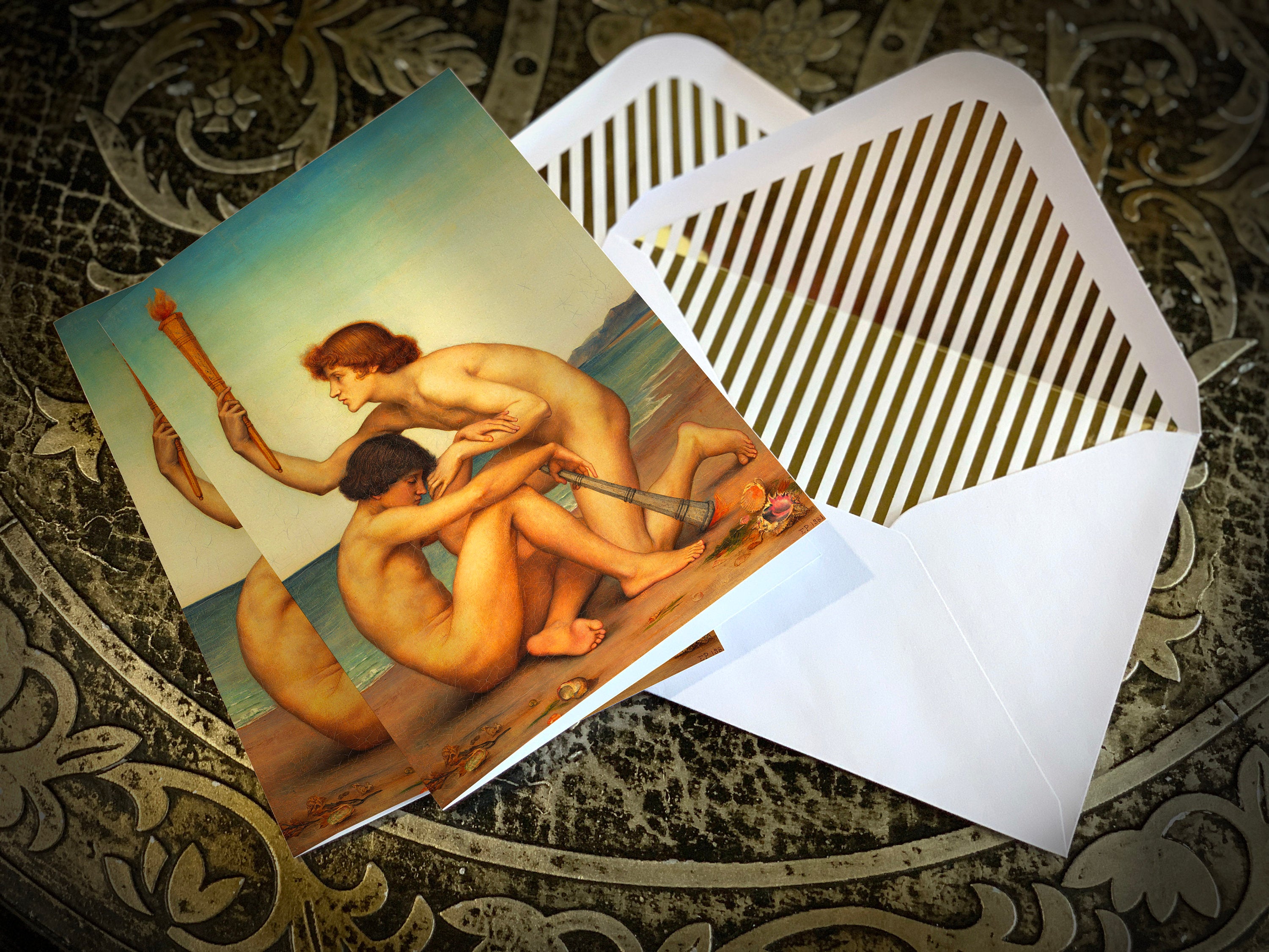 Phosphorus and Hesperus by Evelyn De Morgan, Celestial Greeting Card with Elegant Striped Gold Foil Envelope, 1 Card/Envelope