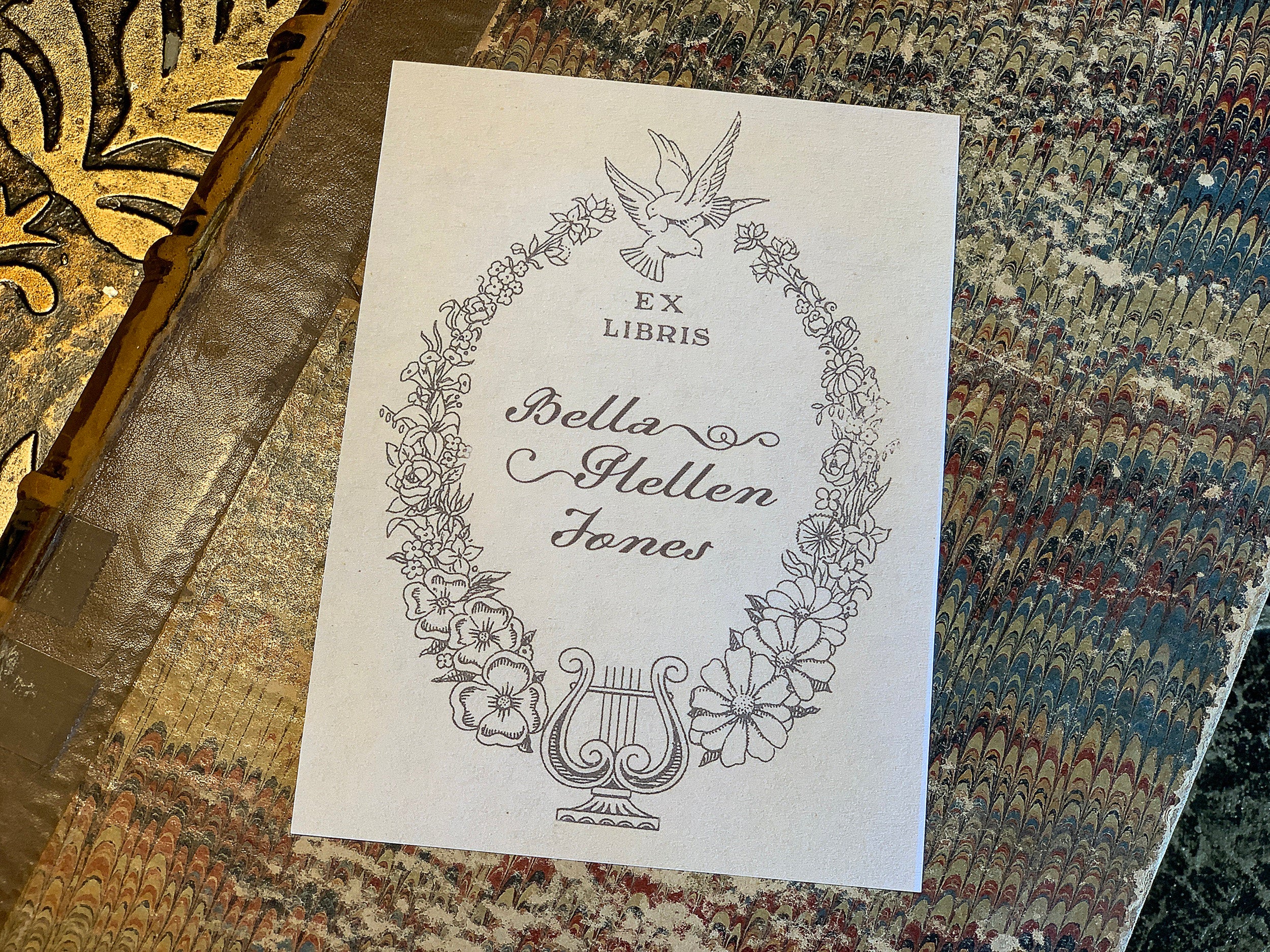 Love Doves, Personalized Ex-Libris Bookplates, Crafted on Traditional Gummed Paper, 3in x 4in, Set of 30