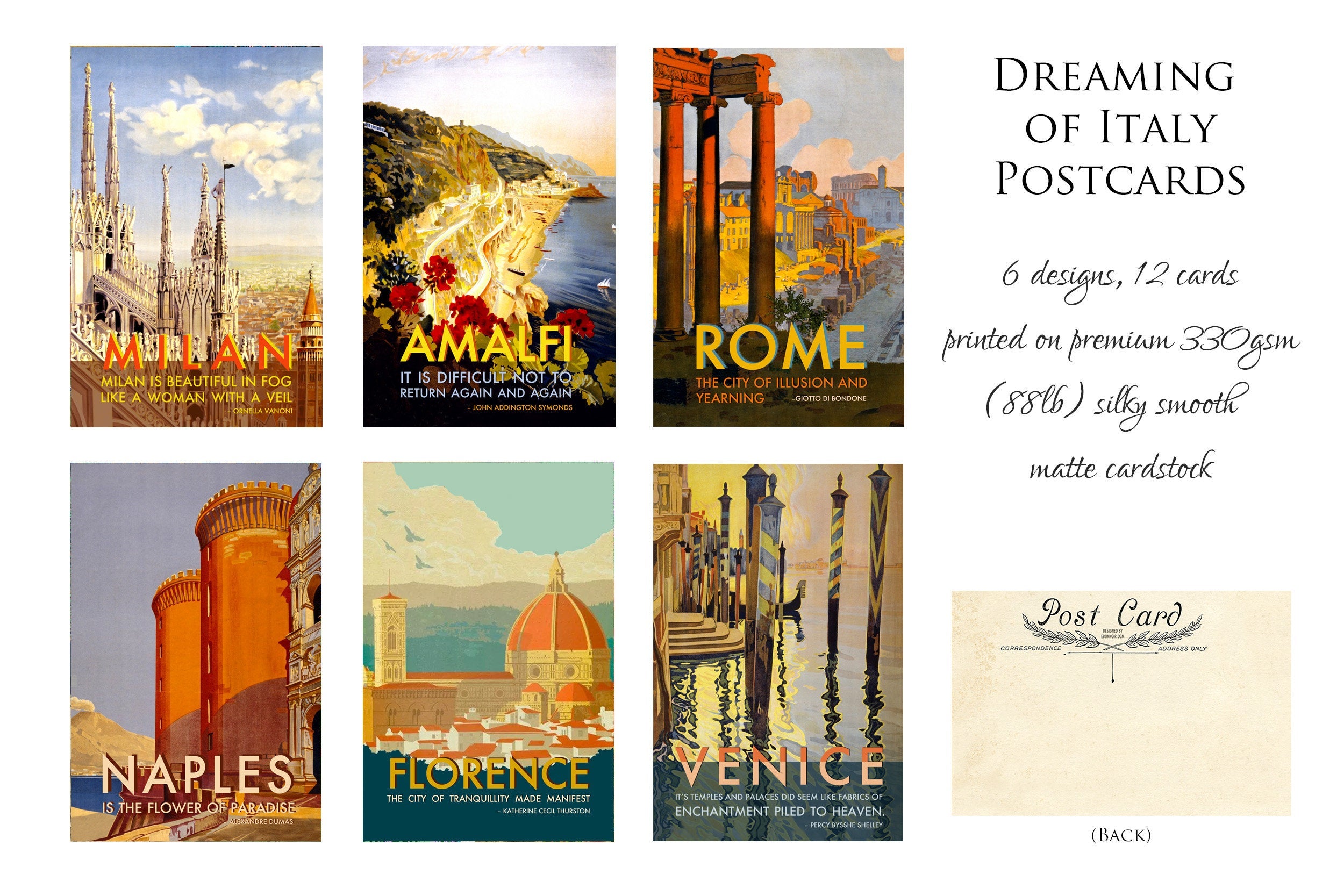 Dreaming of Italy Postcard/Greeting Card Set, Exclusively Designed, 6 Designs, 12 Cards