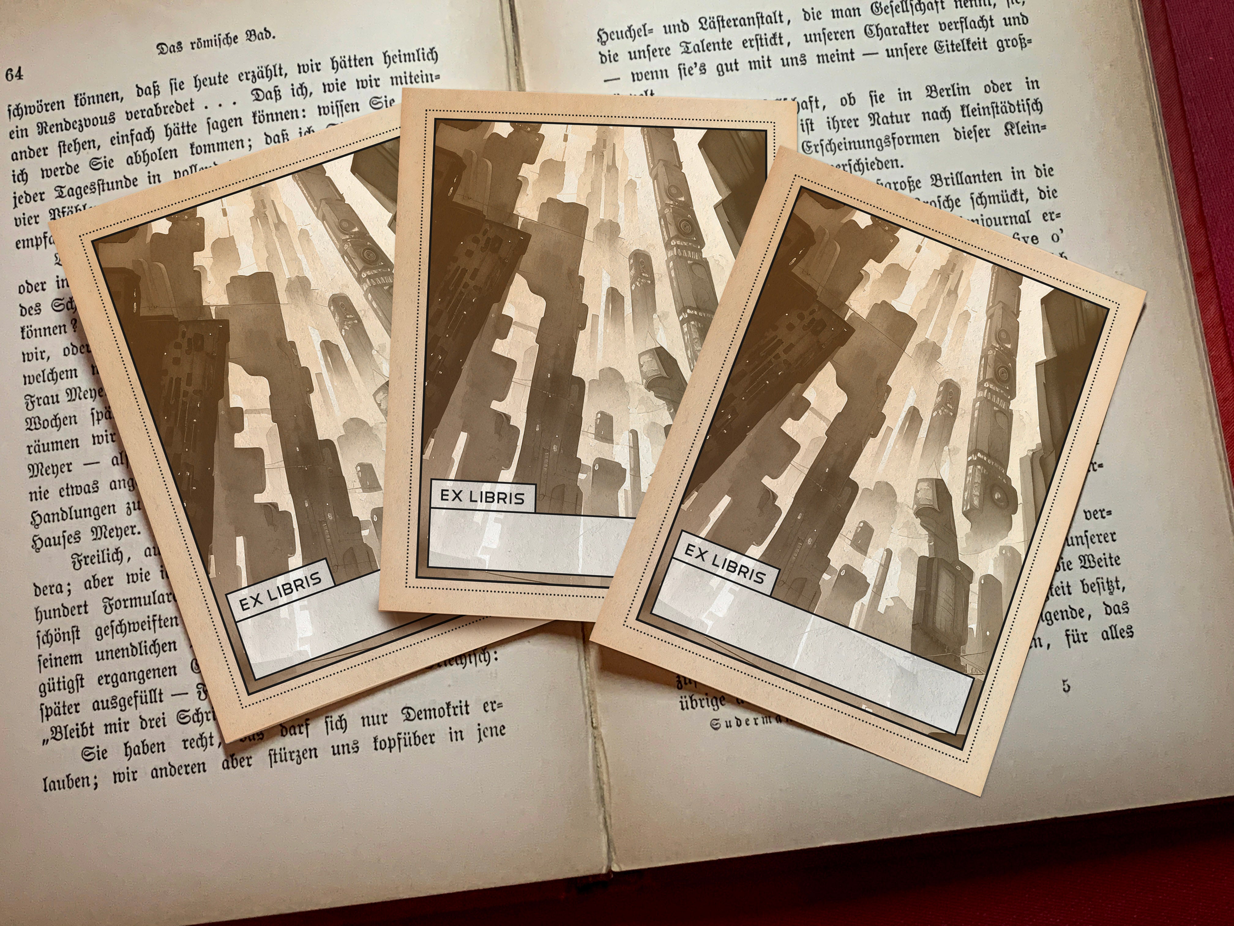 Futuristic City, Personalized Ex-Libris Bookplates, Crafted on Traditional Gummed Paper, 3in x 4in, Set of 30