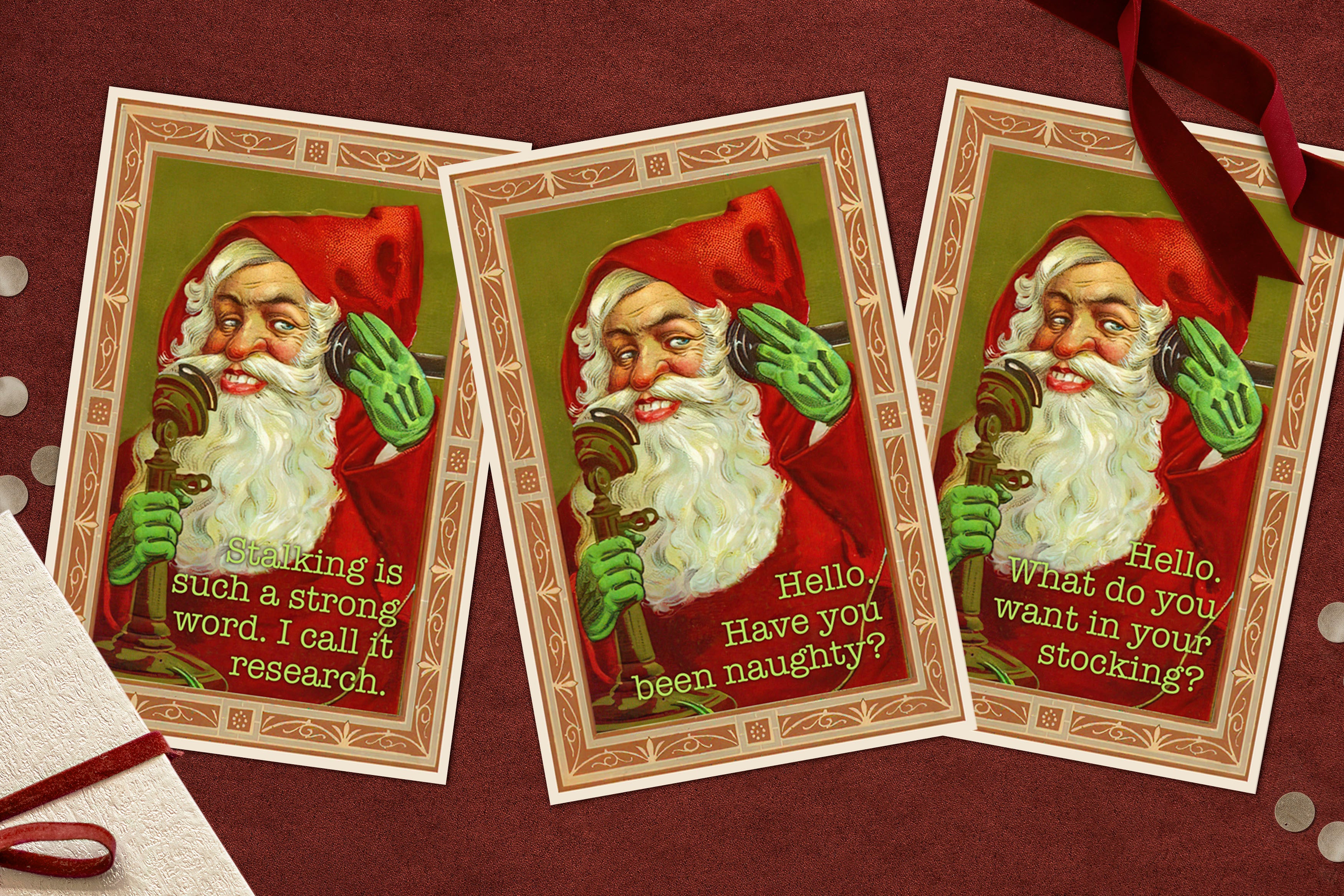 Stalker Santa, Funny and Creepy Victorian Christmas Holiday Postcards, 6 Designs, 12 Cards