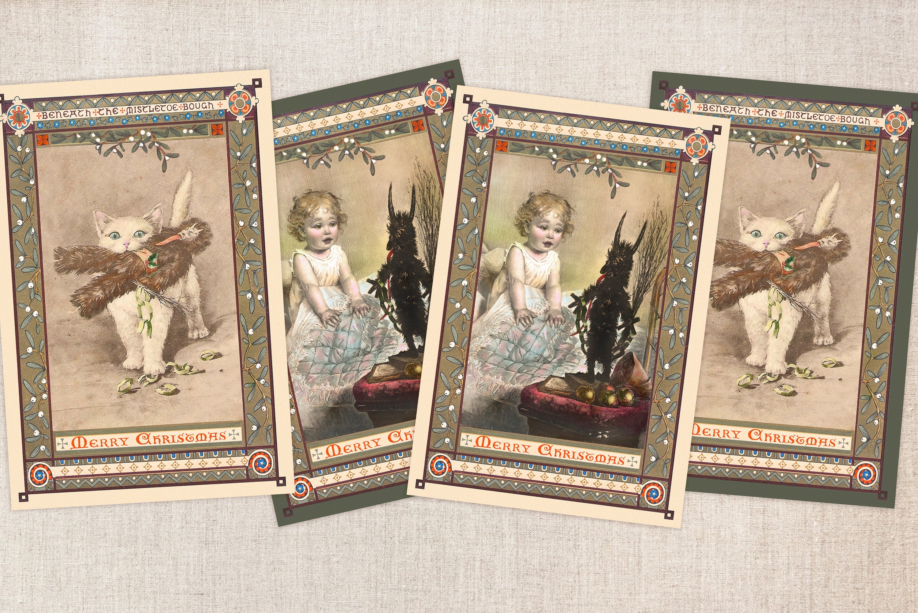 Krampus Dollies, Victorian-Inspired Christmas Postcard Set, Two Colors, Set of 12