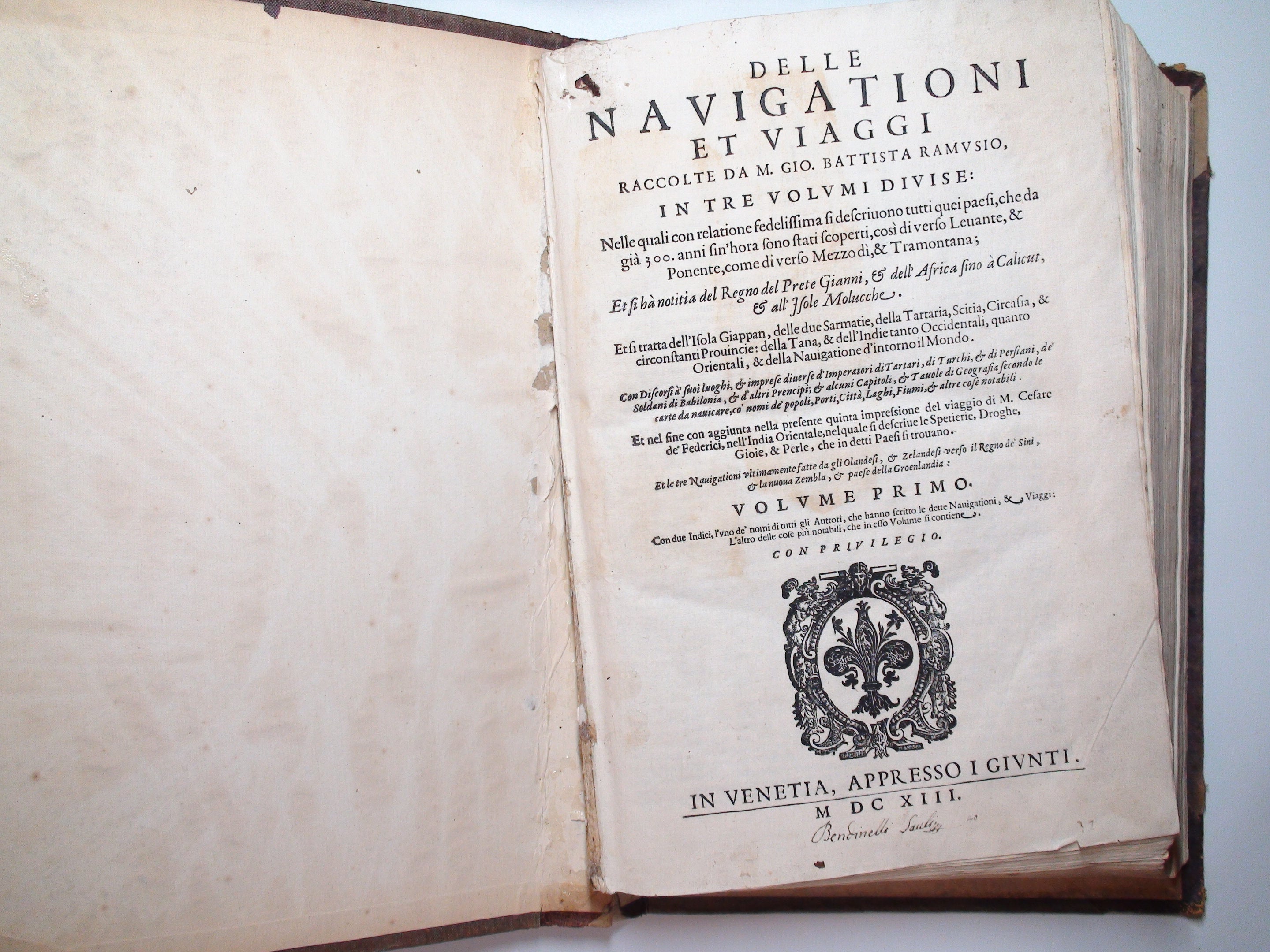 Delle Navigationi et Viaggi, Vol I, Giovanni Battista Ramusio, 6th Ed, Rare, 1613
