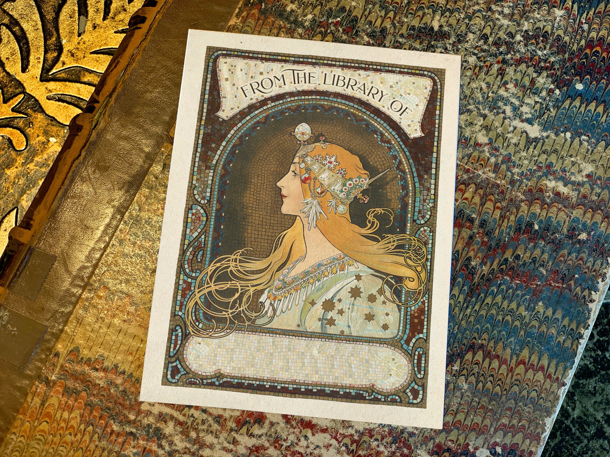 Zodiac Maiden by Alphonse Mucha, Personalized Art Nouveau Ex-Libris Bookplates, Crafted on Traditional Gummed Paper, 3in x 4in, Set of 30