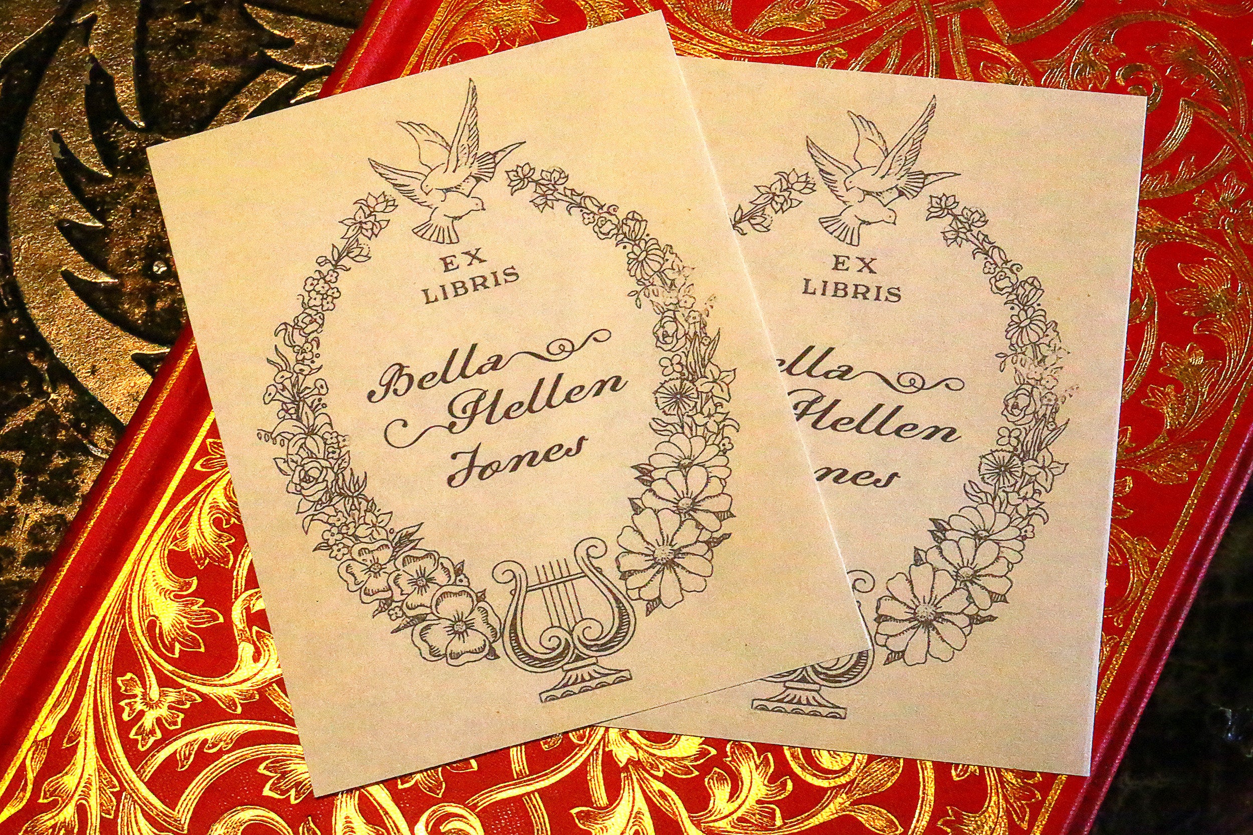 Love Doves, Personalized Ex-Libris Bookplates, Crafted on Traditional Gummed Paper, 3in x 4in, Set of 30