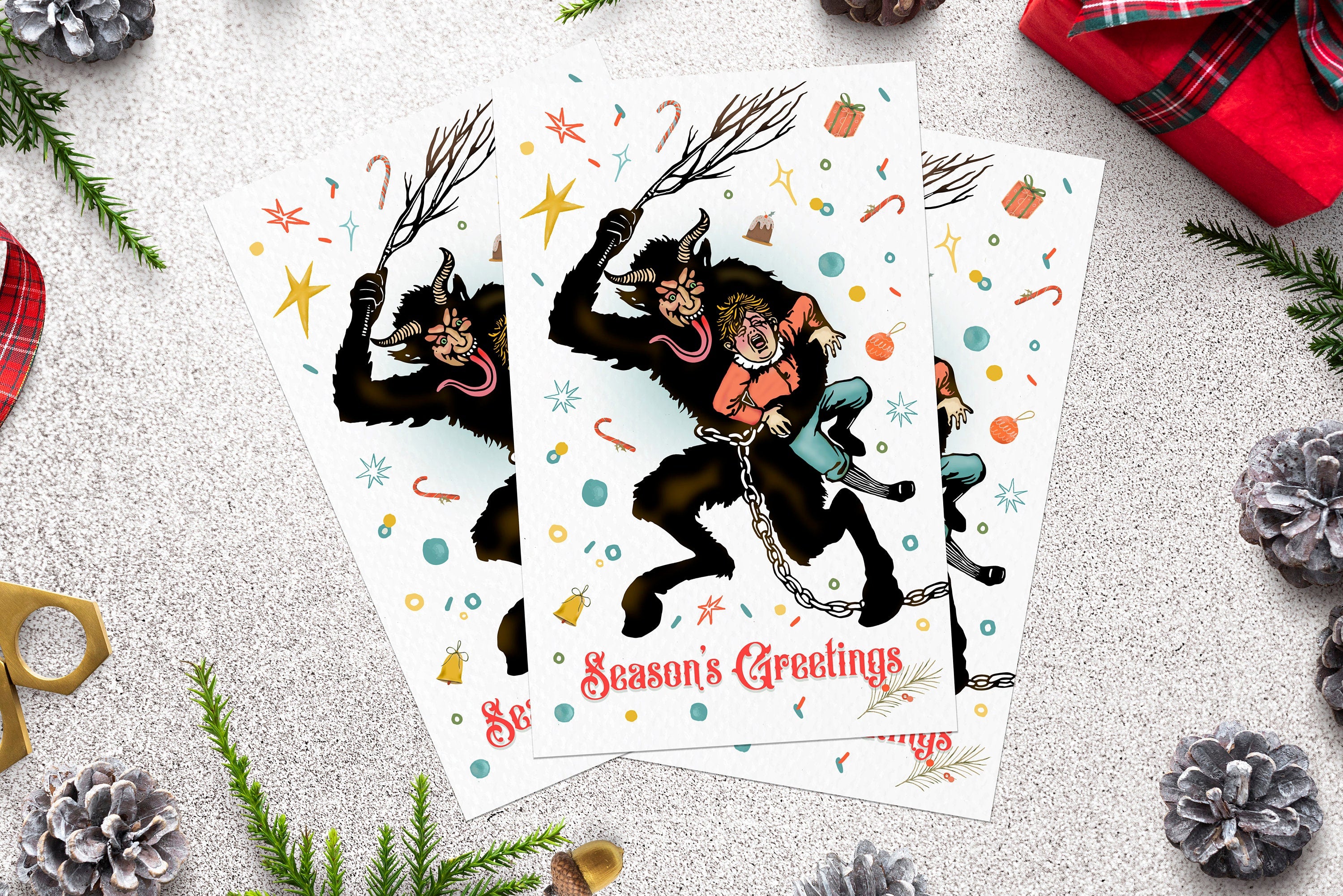 Season's Beatings, Gruss Vom Krampus Christmas Postcard Set, 4 Designs, Set of 12