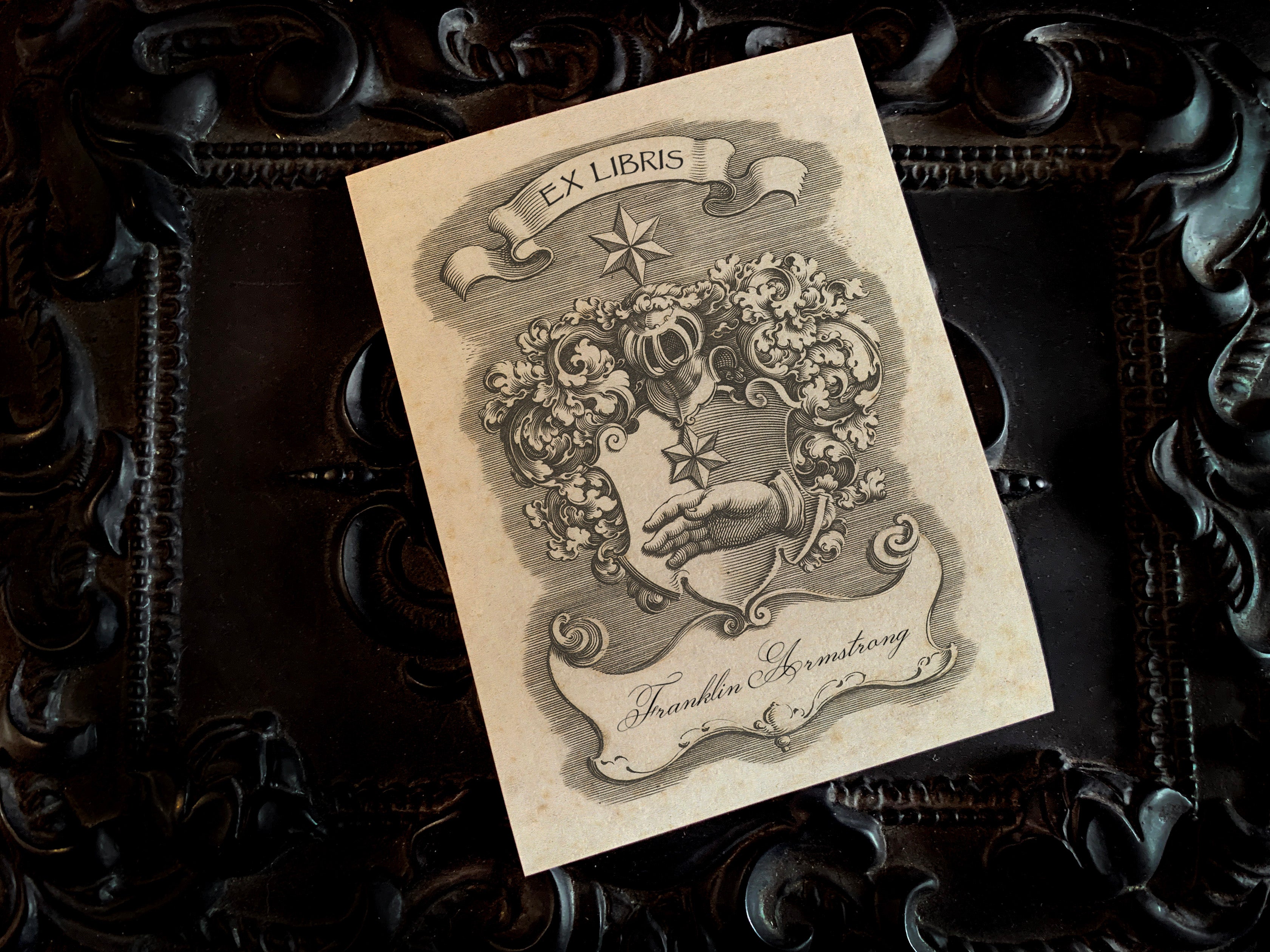 Hand and Star, Personalized Heraldic Ex-Libris Bookplates, Crafted on Traditional Gummed Paper, 3in x 4in, Set of 30