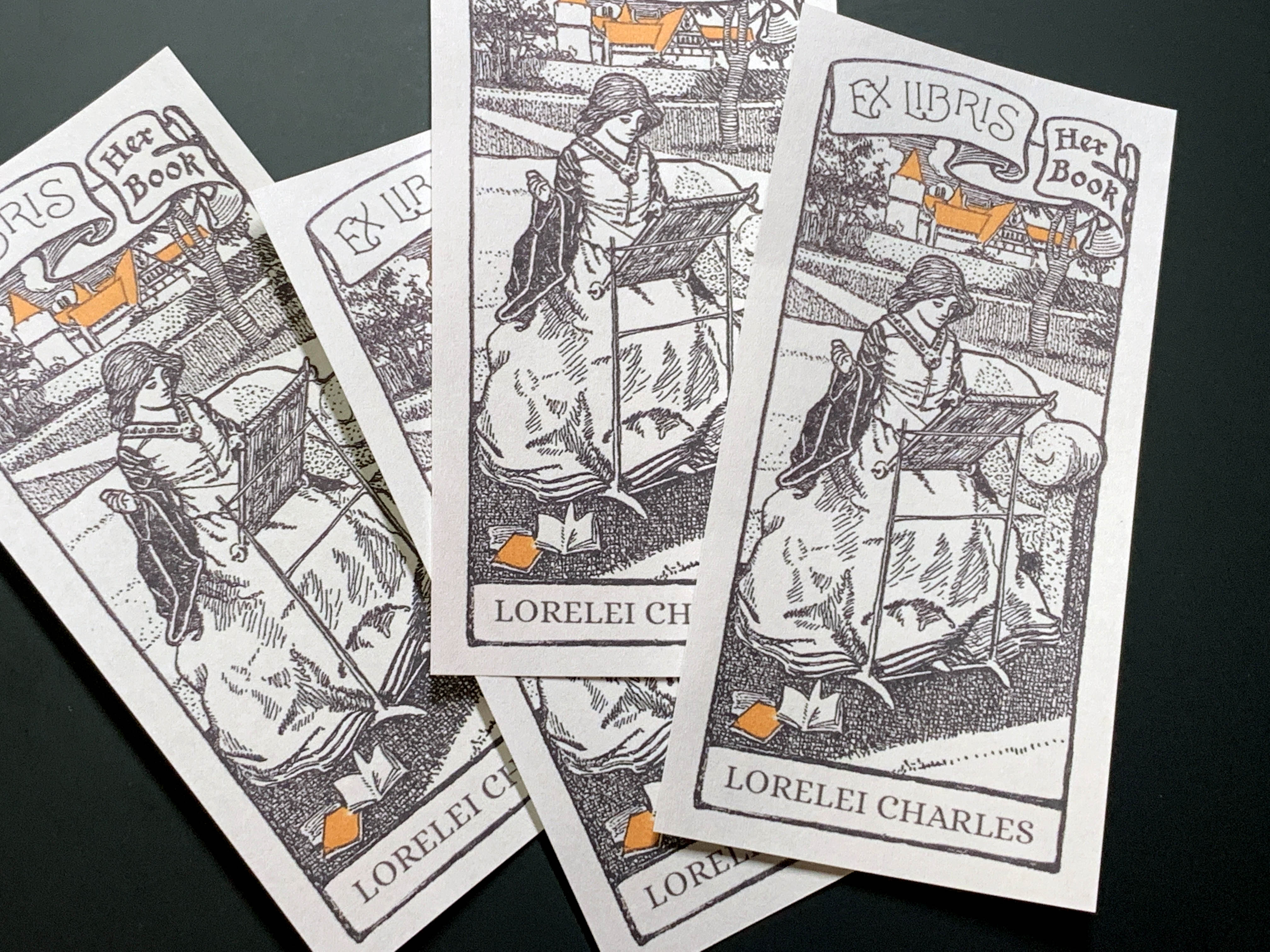 Maiden Spinning Loom, Personalized Ex-Libris Bookplates FOR HER, Crafted on Traditional Gummed Paper, 2in x 4in, Set of 30