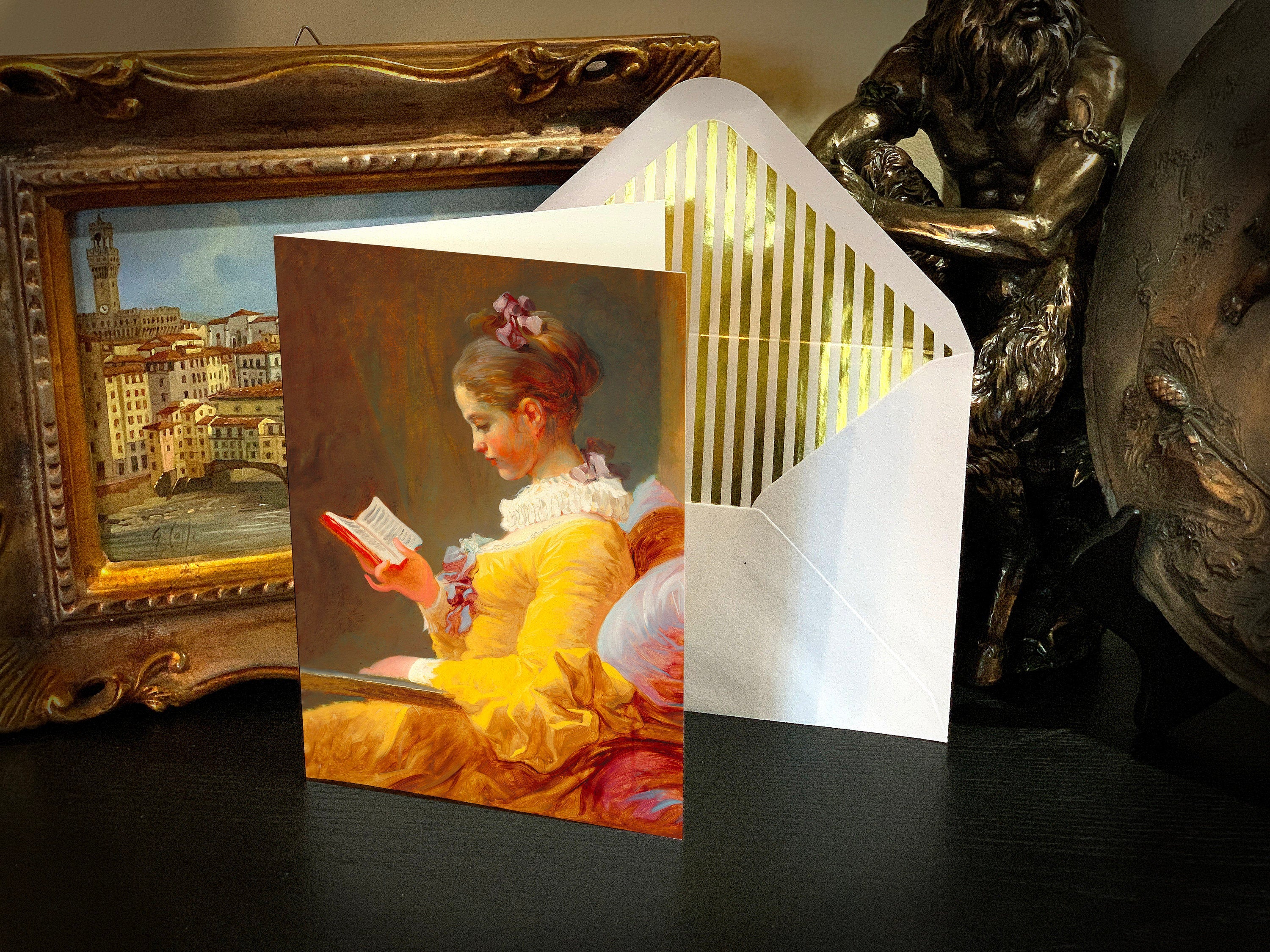 Young Girl Reading, Bookish Greeting Card with Elegant Striped Gold Foil Envelope, 1 Card/Envelope