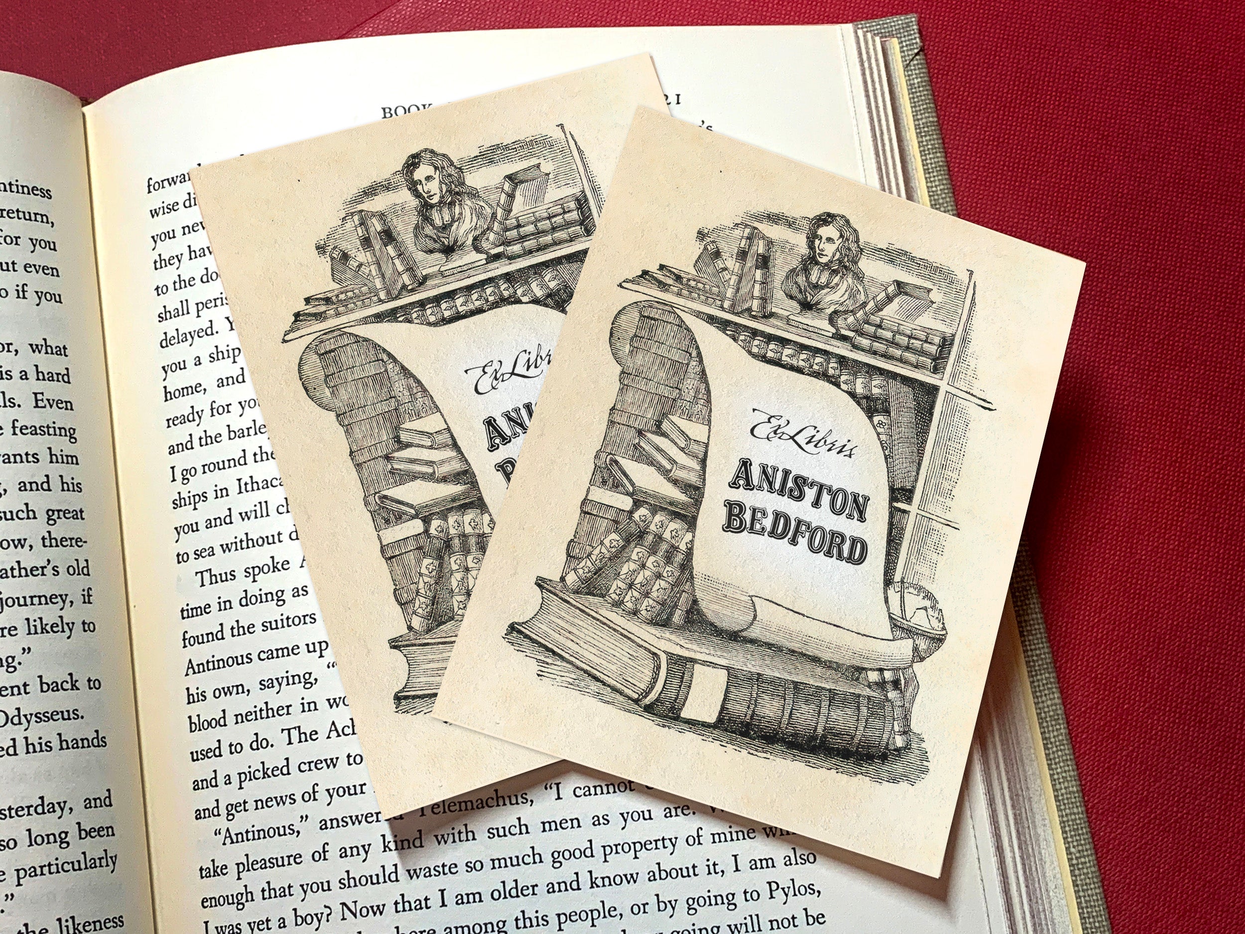 Shelf with Bust and Scroll, Personalized Gothic Ex-Libris Bookplates, Crafted on Traditional Gummed Paper, 3in x 4in, Set of 30