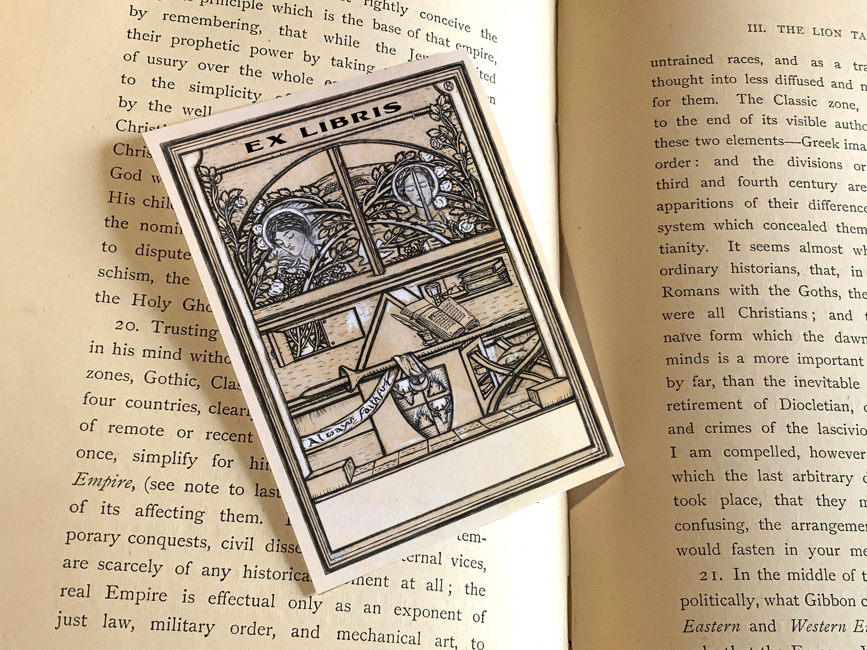 Always Faithful, Personalized Gothic Ex-Libris Bookplates, Crafted on Traditional Gummed Paper, 3in x 4in, Set of 30