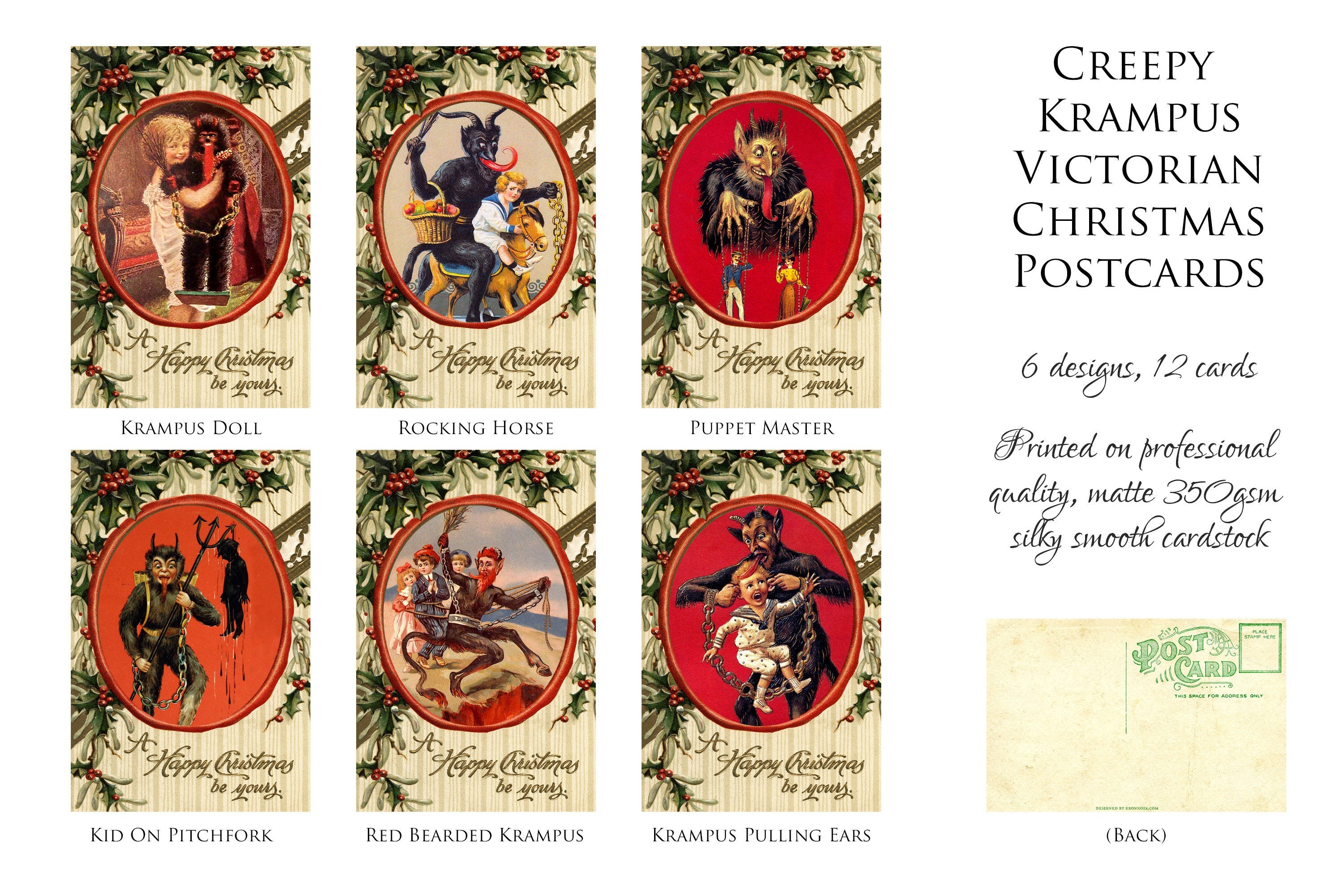 Creepy Krampus Victorian Christmas Postcard Set, 6 Designs, Set of 12
