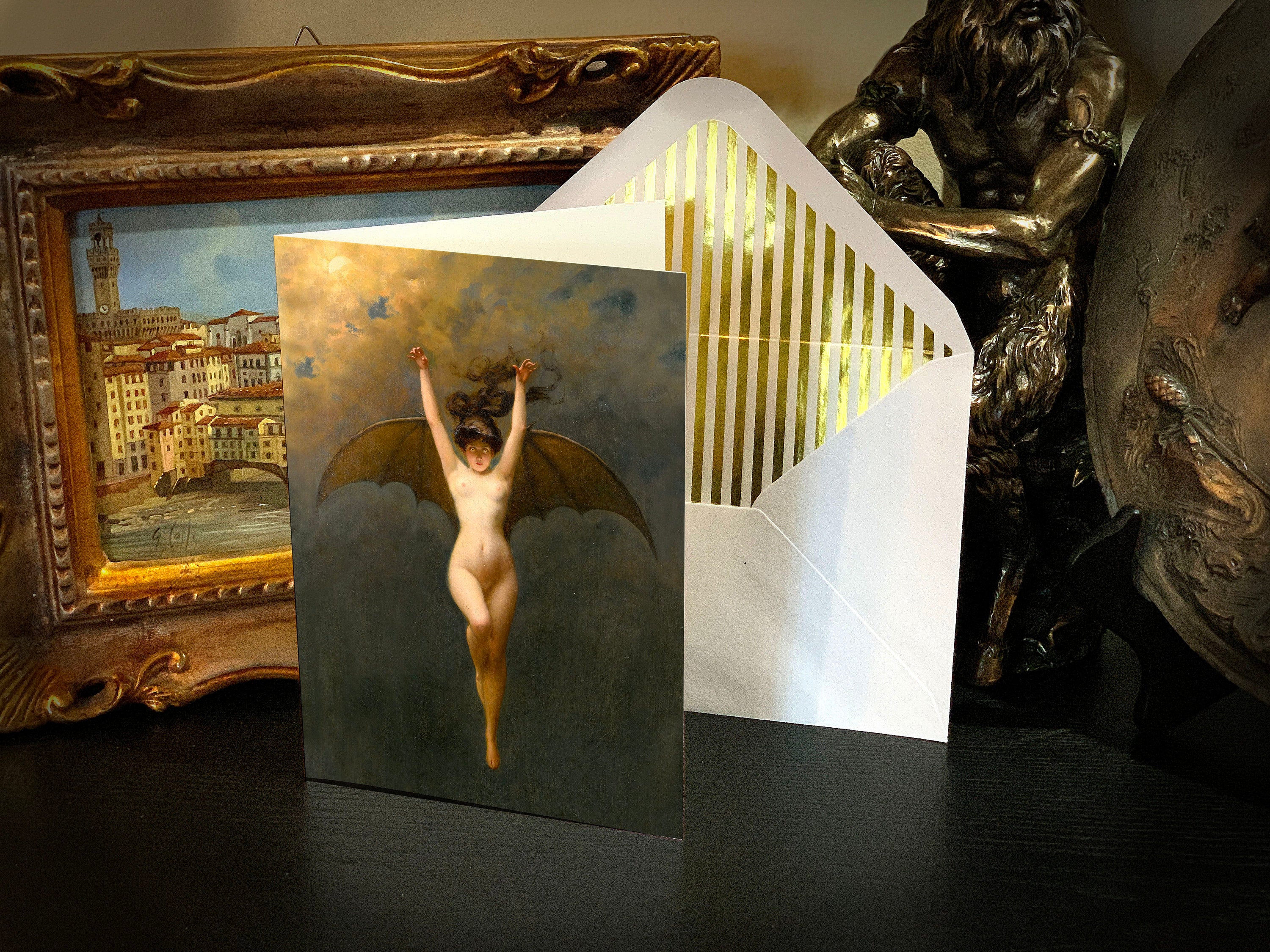 La Femme Chauve-Souris (Bat Woman) by Albert Joseph Pénot, Gothic Greeting Card with Elegant Striped Gold Foil Envelope, 1 Card/Envelope