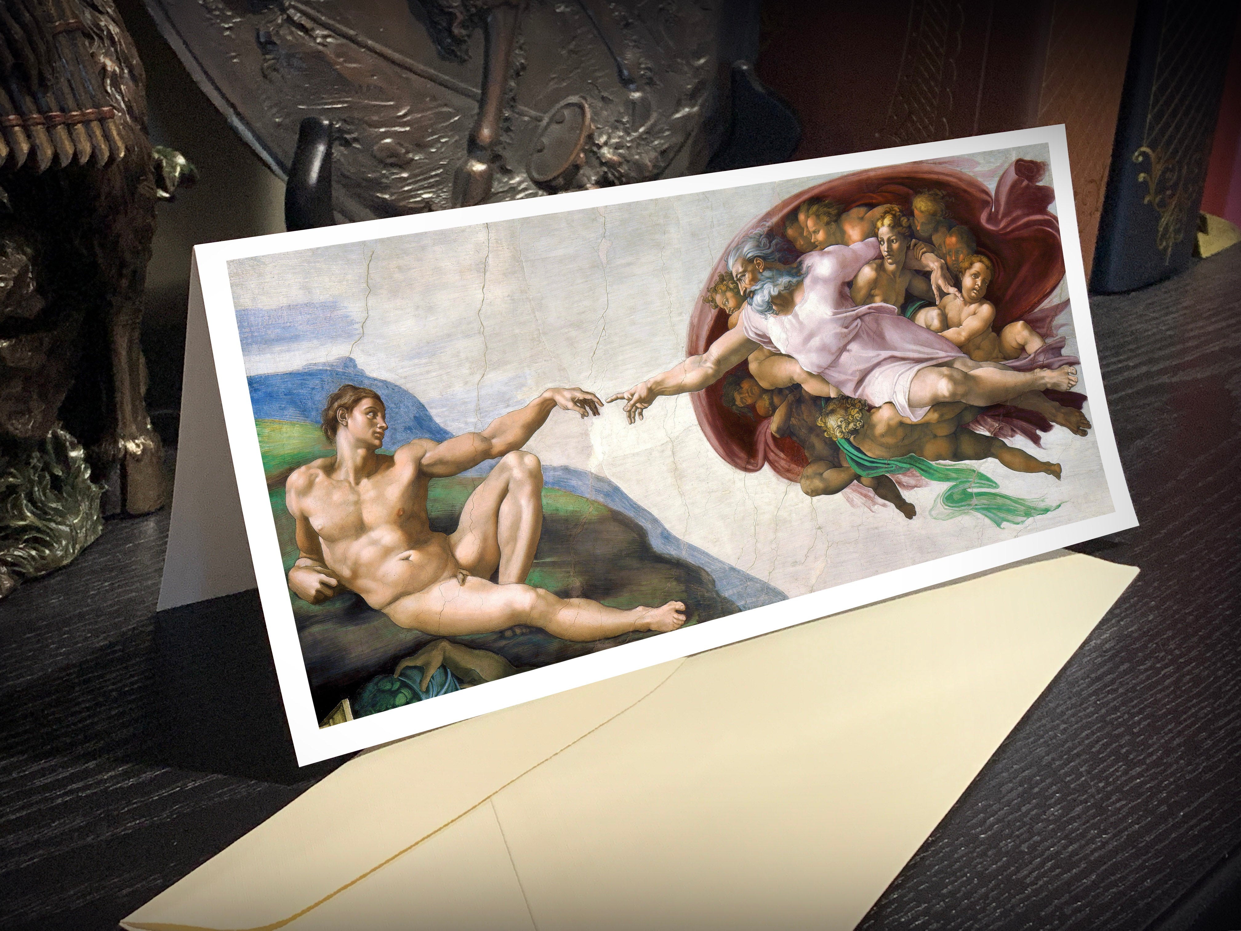 Michelangelo Buonarroti's The Creation of Adam, Panoramic Greeting Card/Money Holder with Linen Envelope