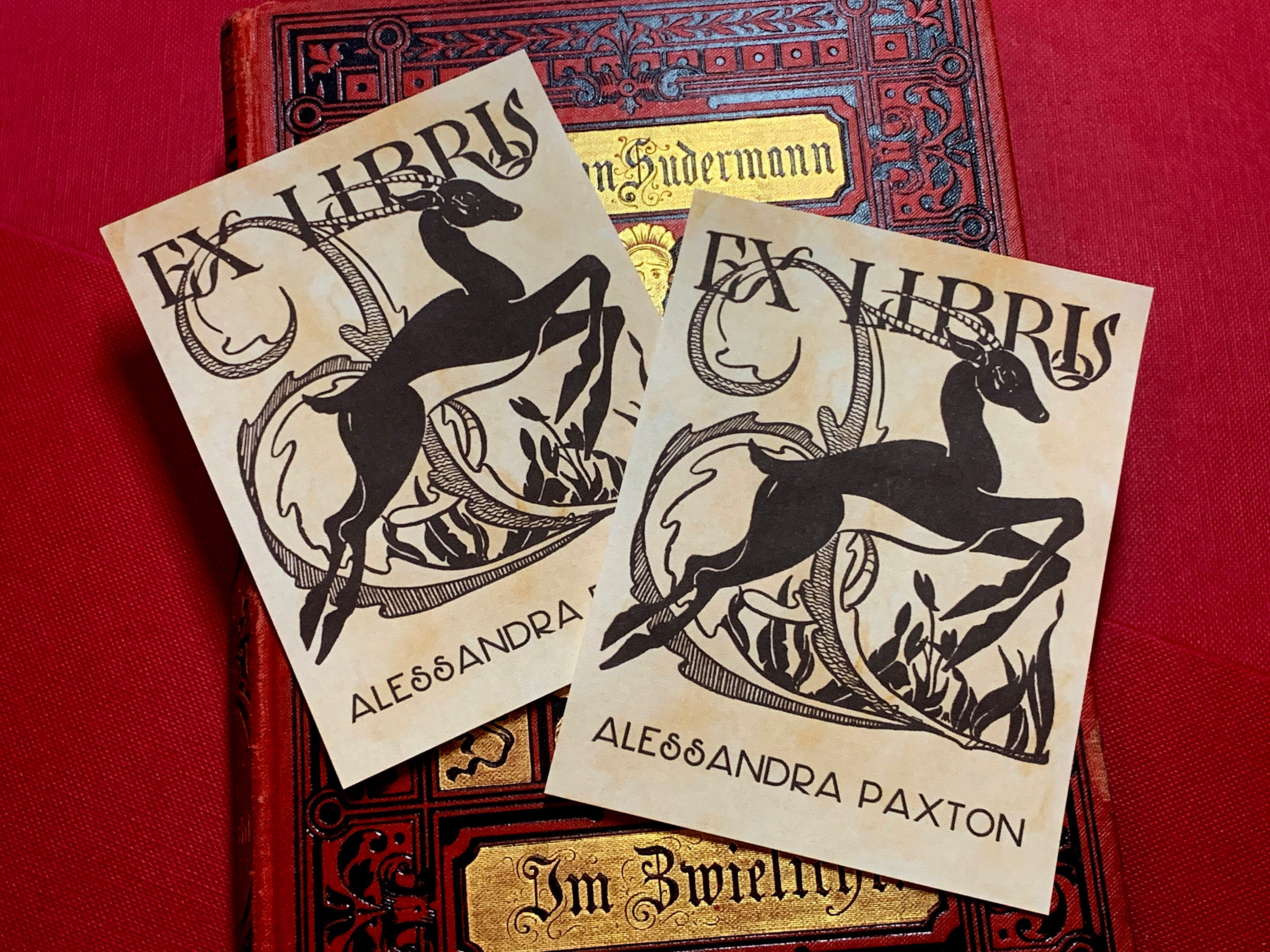 Prancing Antelope, Personalized Art Deco Ex-Libris Bookplates, Crafted on Traditional Gummed Paper, 3in x 4in, Set of 30