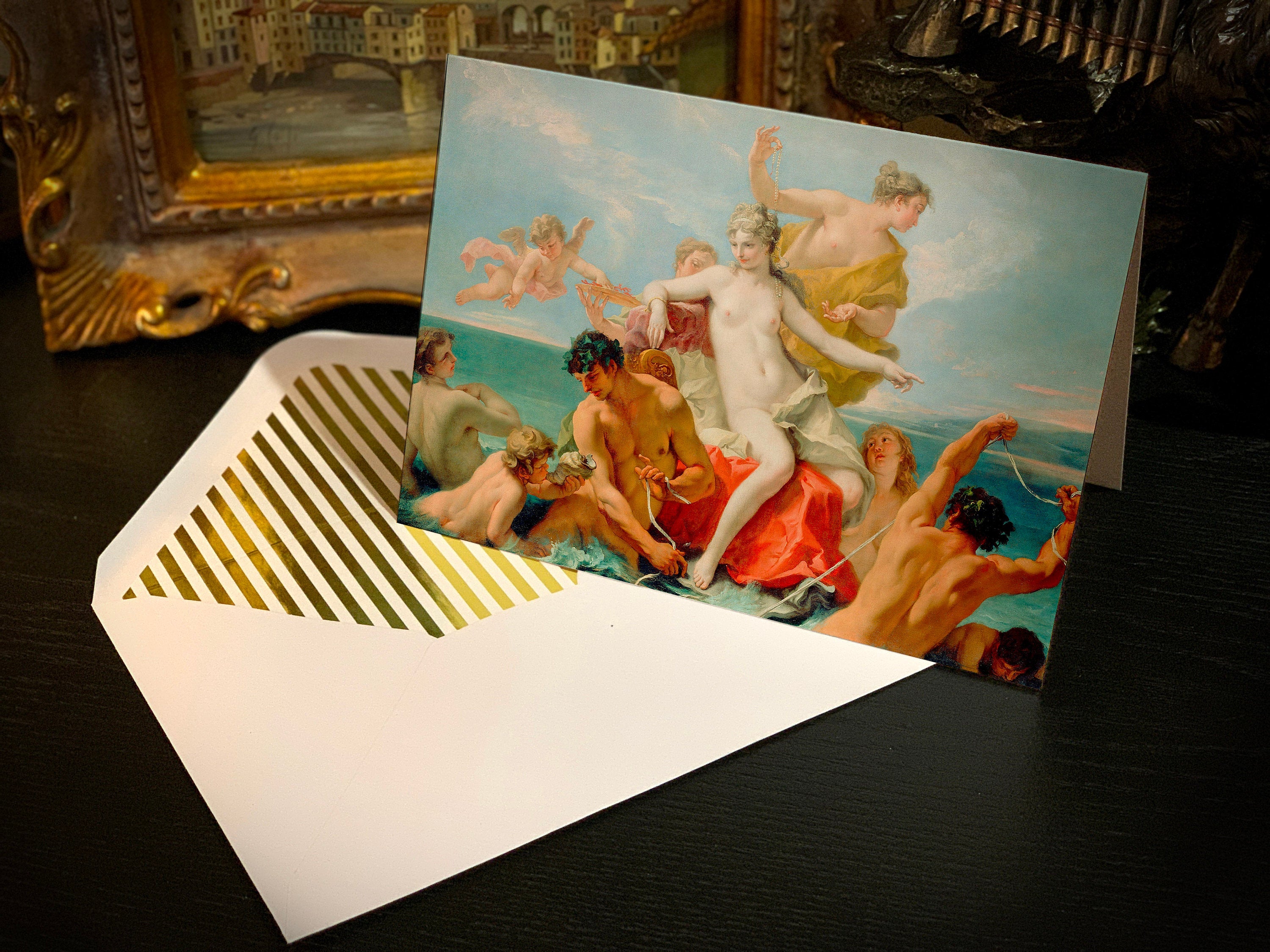 Triumph of the Marine Venus by Sebastiano Ricci, Mythological Greeting Card with Elegant Striped Gold Foil Envelope, 1 Card/Envelope