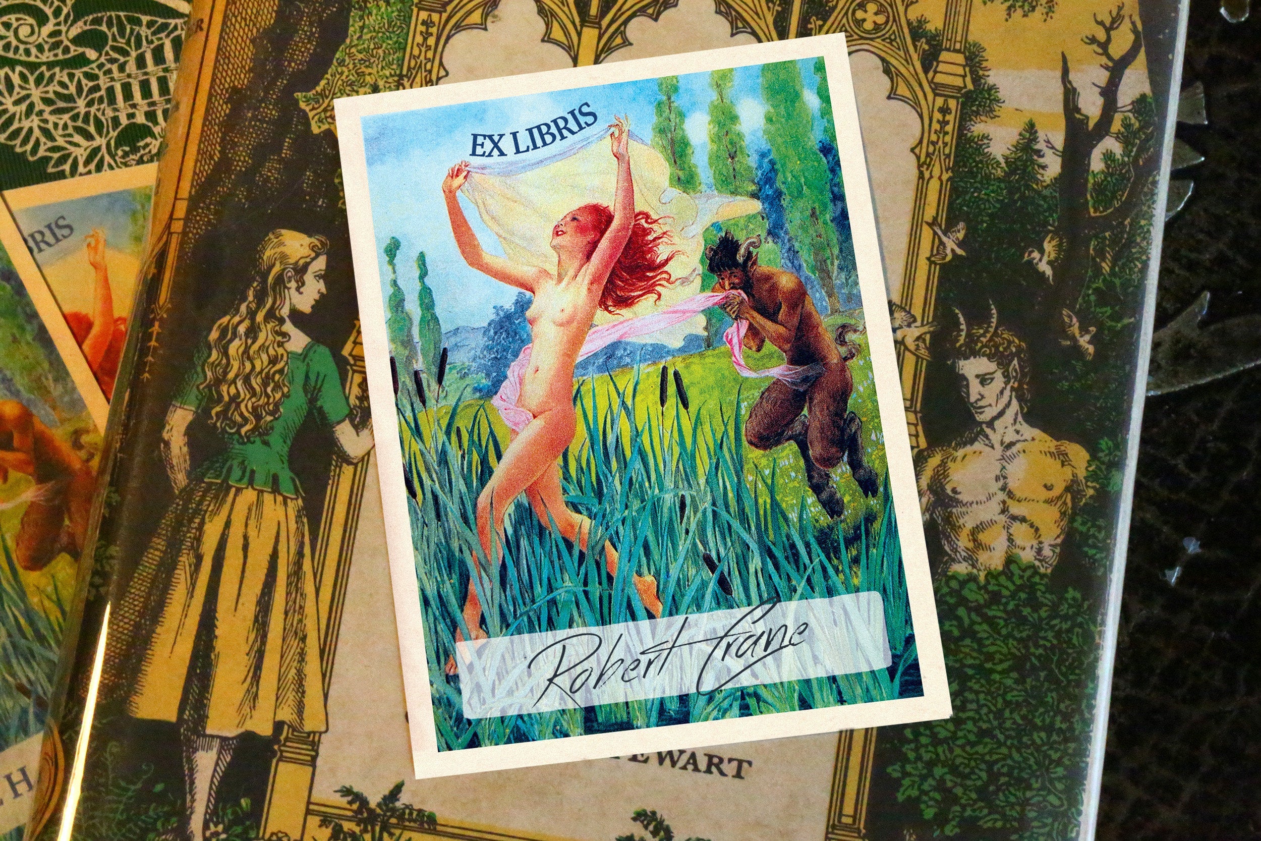 Satyr Chasing Nymph, Personalized Erotic Ex-Libris Bookplates, Crafted on Traditional Gummed Paper, 3in x 4in, Set of 30