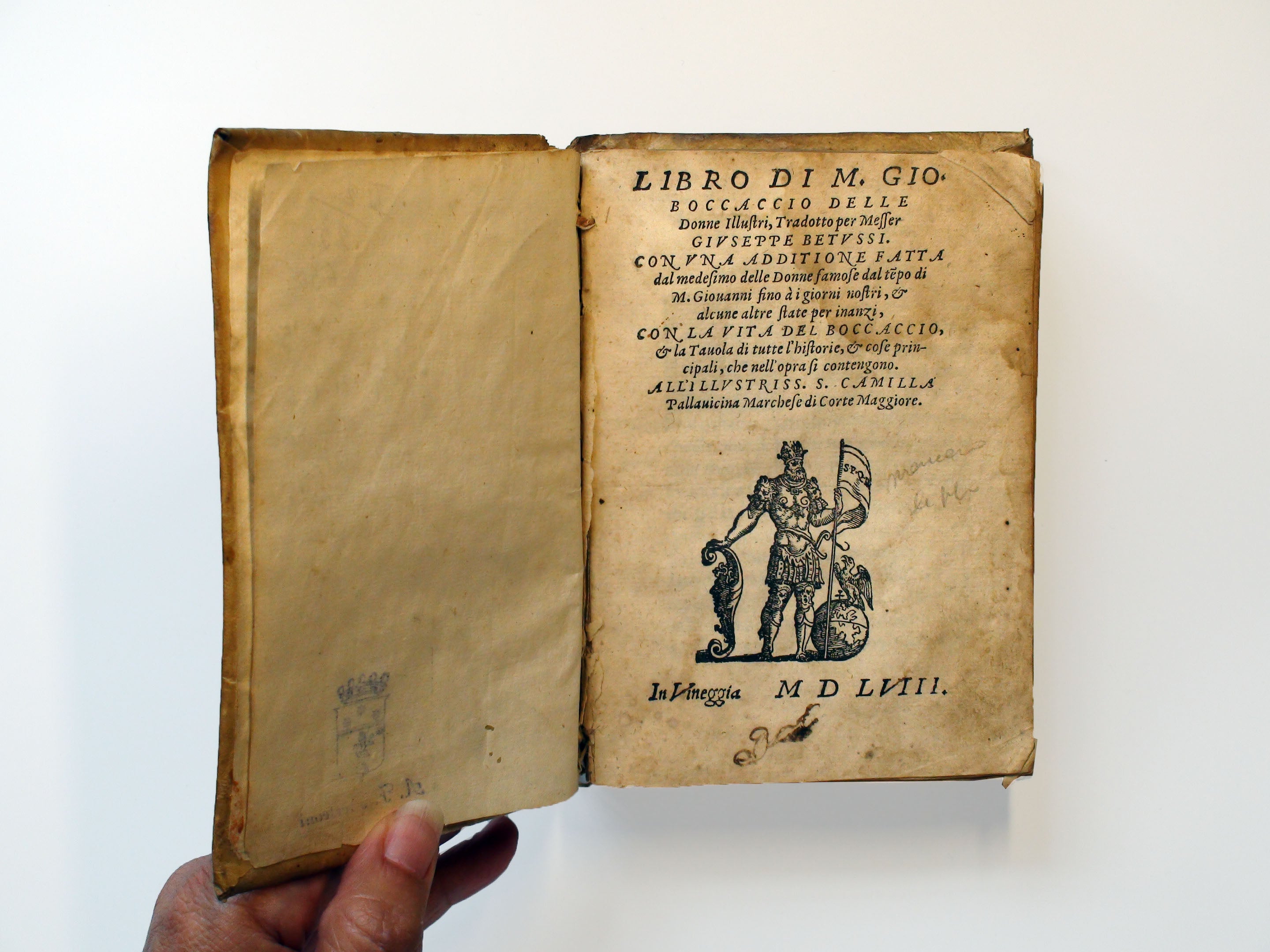 Giovanni Boccaccio, Libro delle Donne Illustri, Italian Language, Vellum, Extremely Rare Book About Famous Women, Published in 1558, Venice