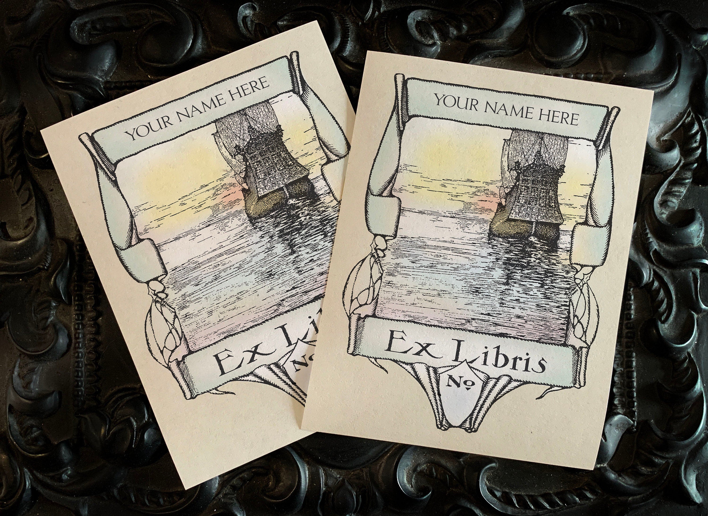 Sailing Into the Sunset, Personalized Ex-Libris Bookplates with Number Field, Crafted on Traditional Gummed Paper, 3in x 4in, Set of 30