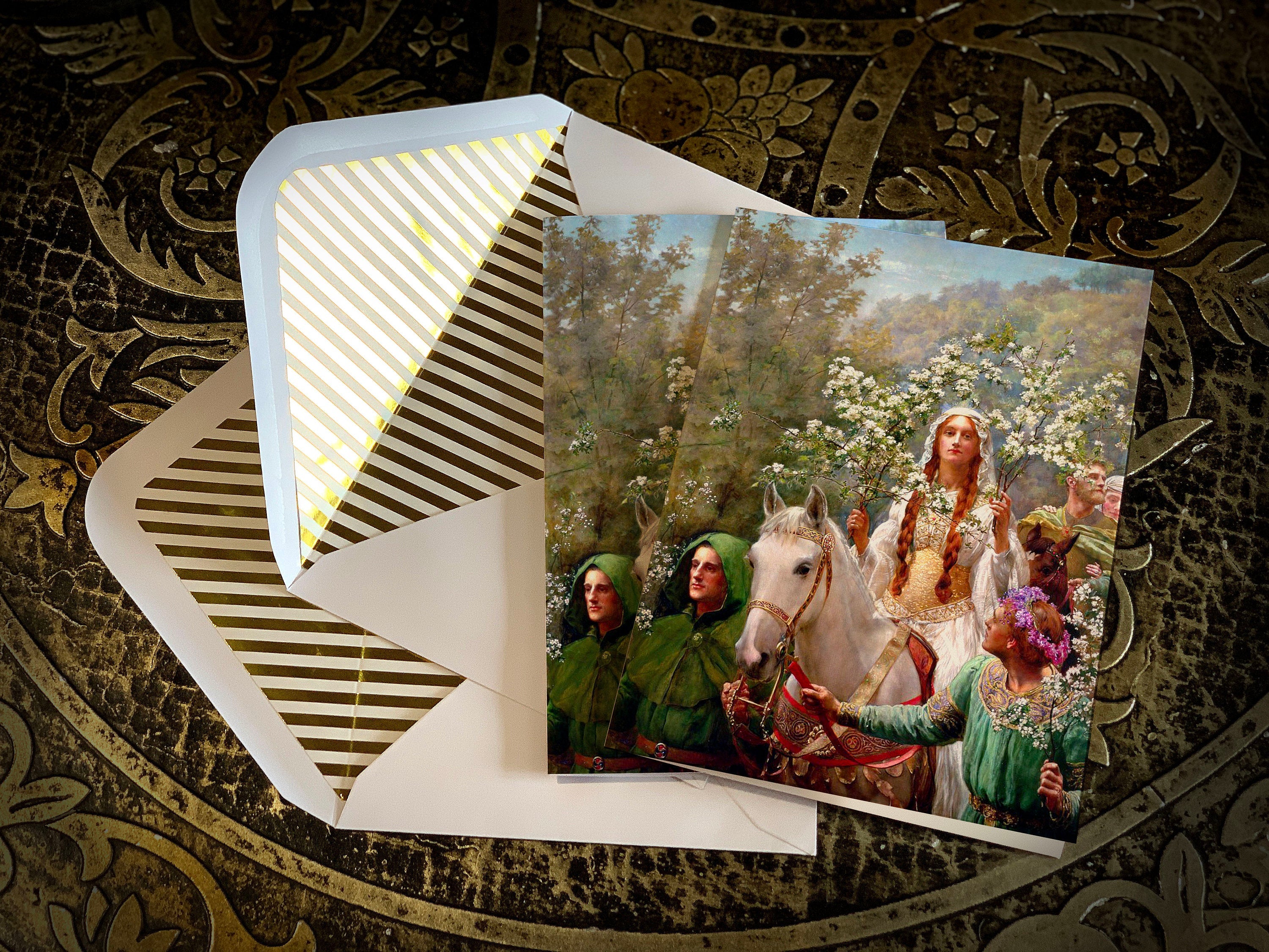 Queen Guinevere's Maying, Spring/Ostara Greeting Card with Elegant Striped Gold Foil Envelope, 1 Card/Envelope