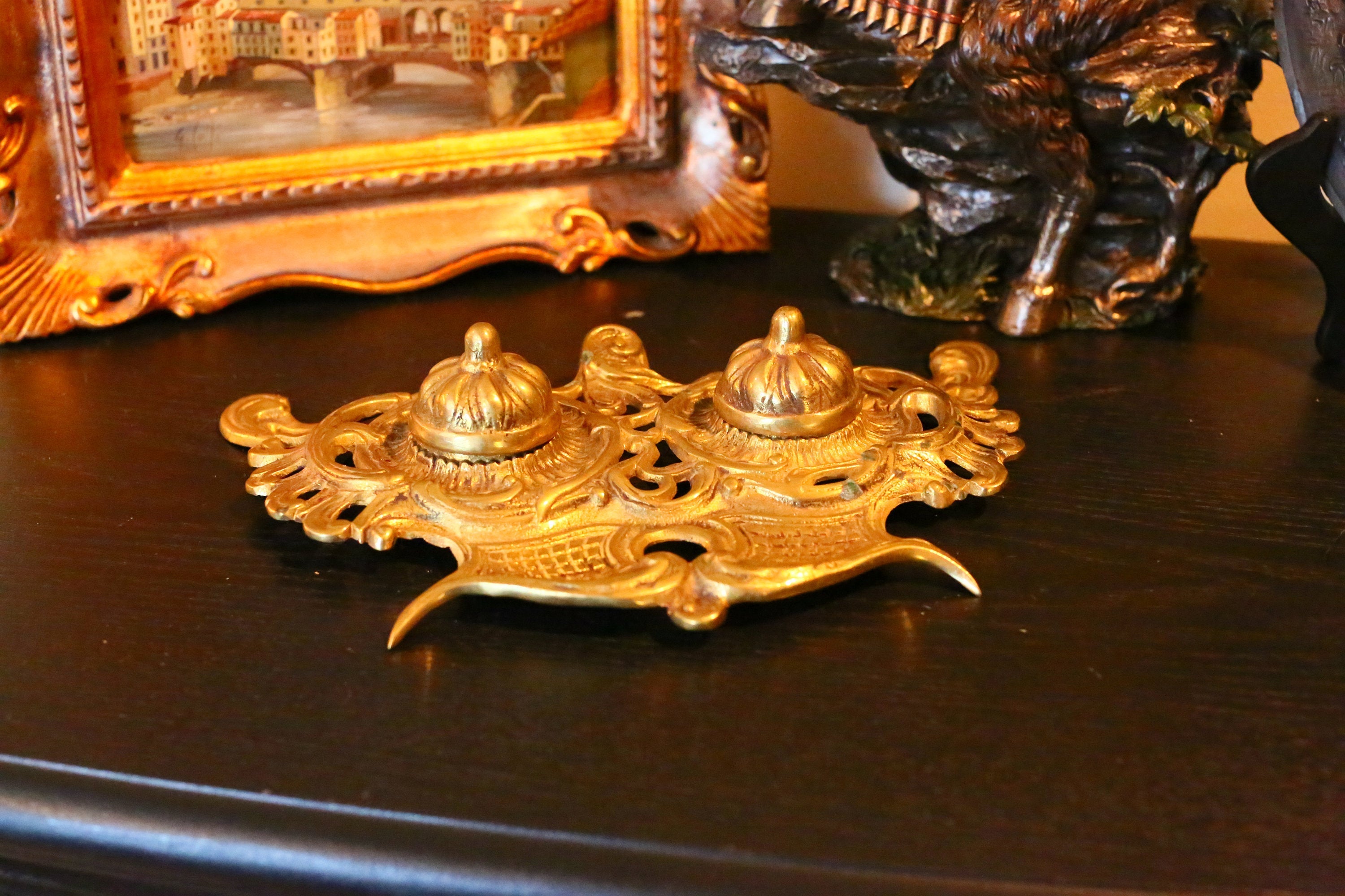 Antique Victorian Brass Inkwell with Double Wells and a Lovely Patina
