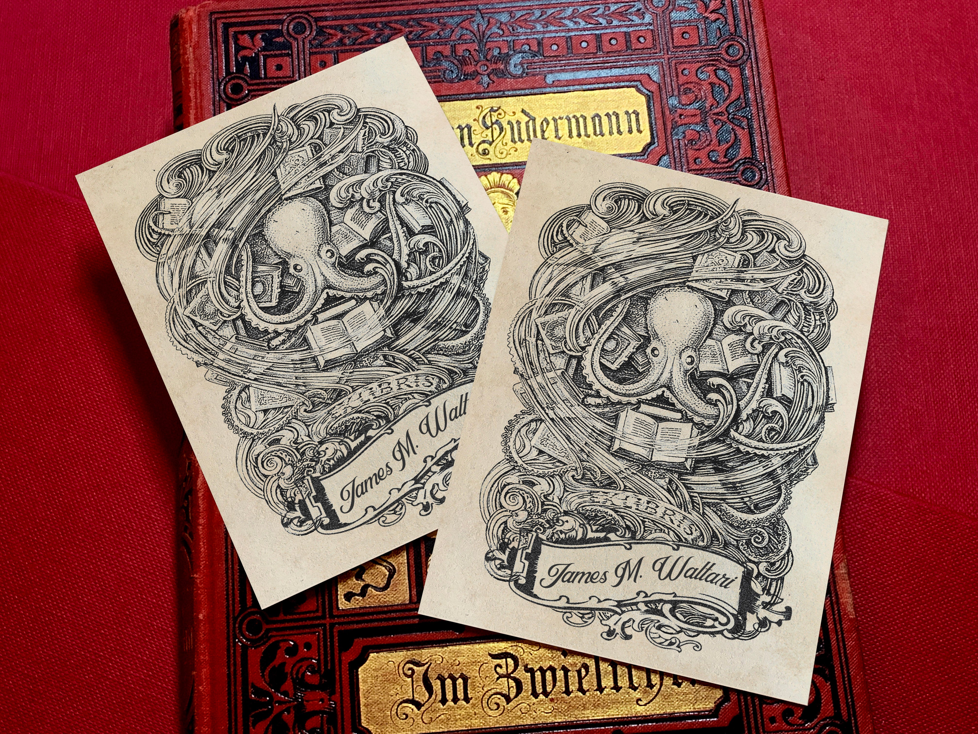 Octopus, Personalized Ex-Libris Bookplates, Crafted on Traditional Gummed Paper, 3in x 4in, Set of 30