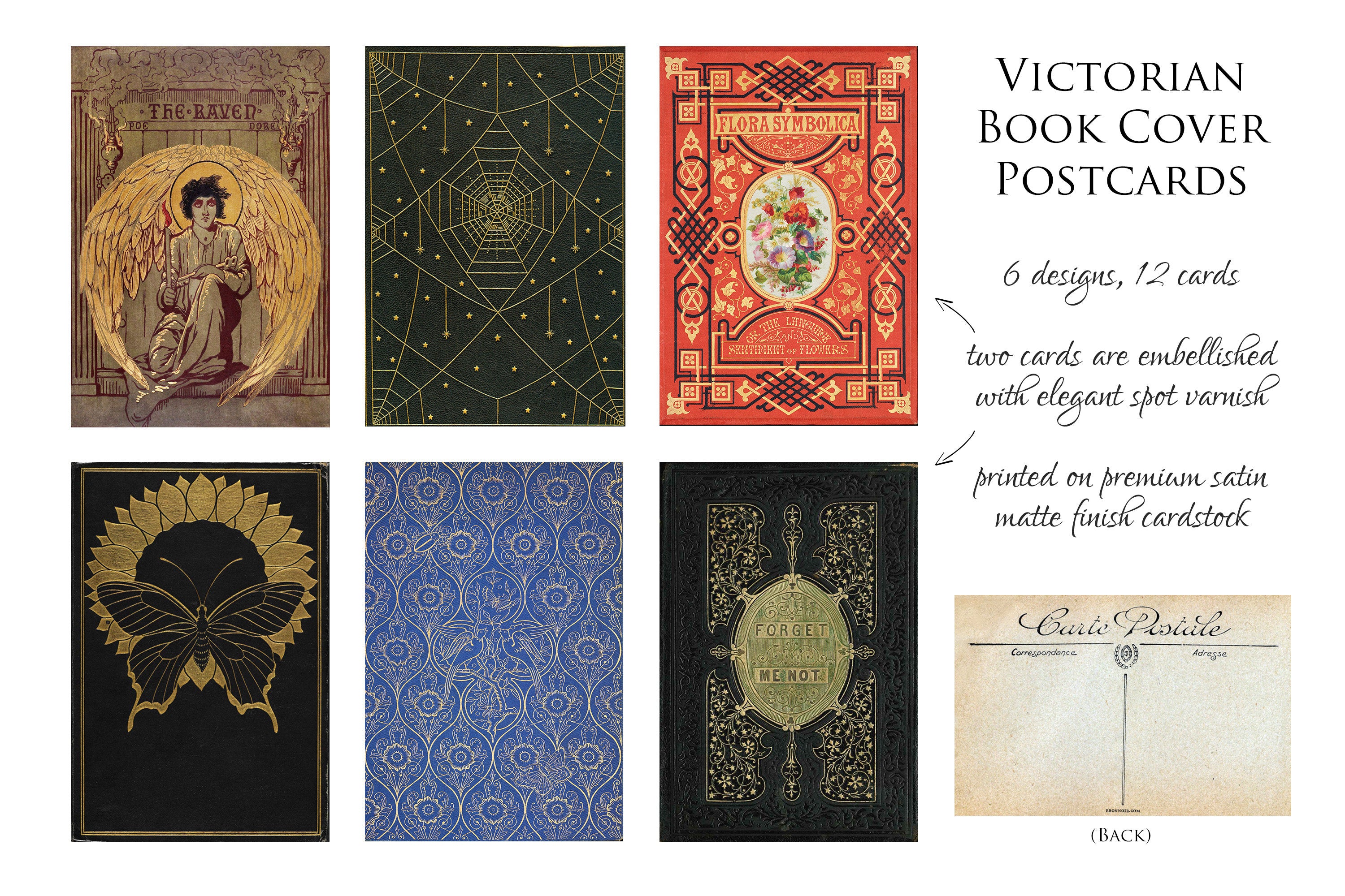 Victorian Bookcover Postcards for Literature and Art Lovers, Set I, 6 Designs, Set of 12