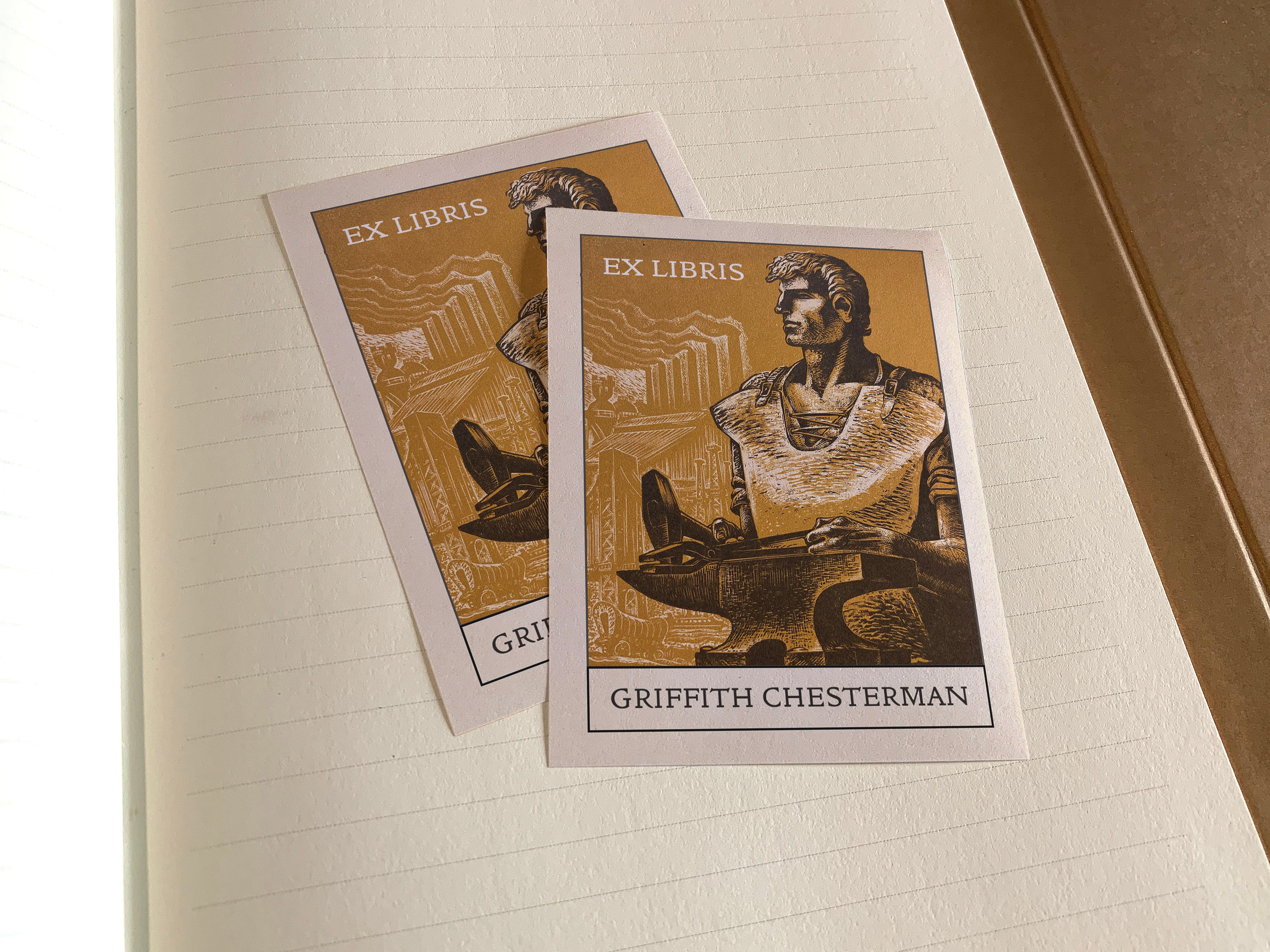 Modern Hephaestus, Personalized Ex-Libris Bookplates, Crafted on Traditional Gummed Paper, 3in x 4in, Set of 30