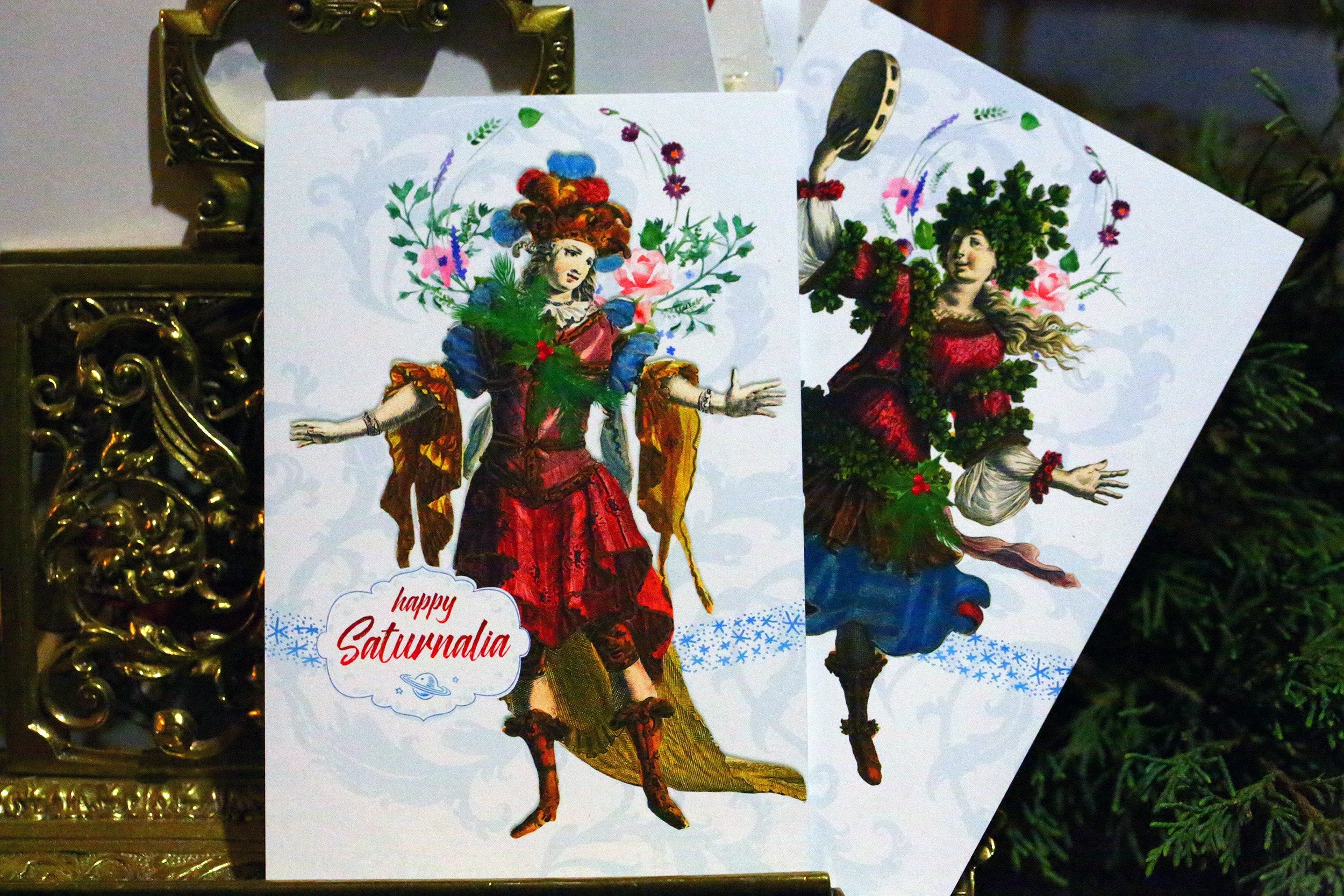 Saturnalia Revelers Pagan Holiday Postcards/Greeting Cards, Exclusively Designed, 4 Designs, 12 Cards
