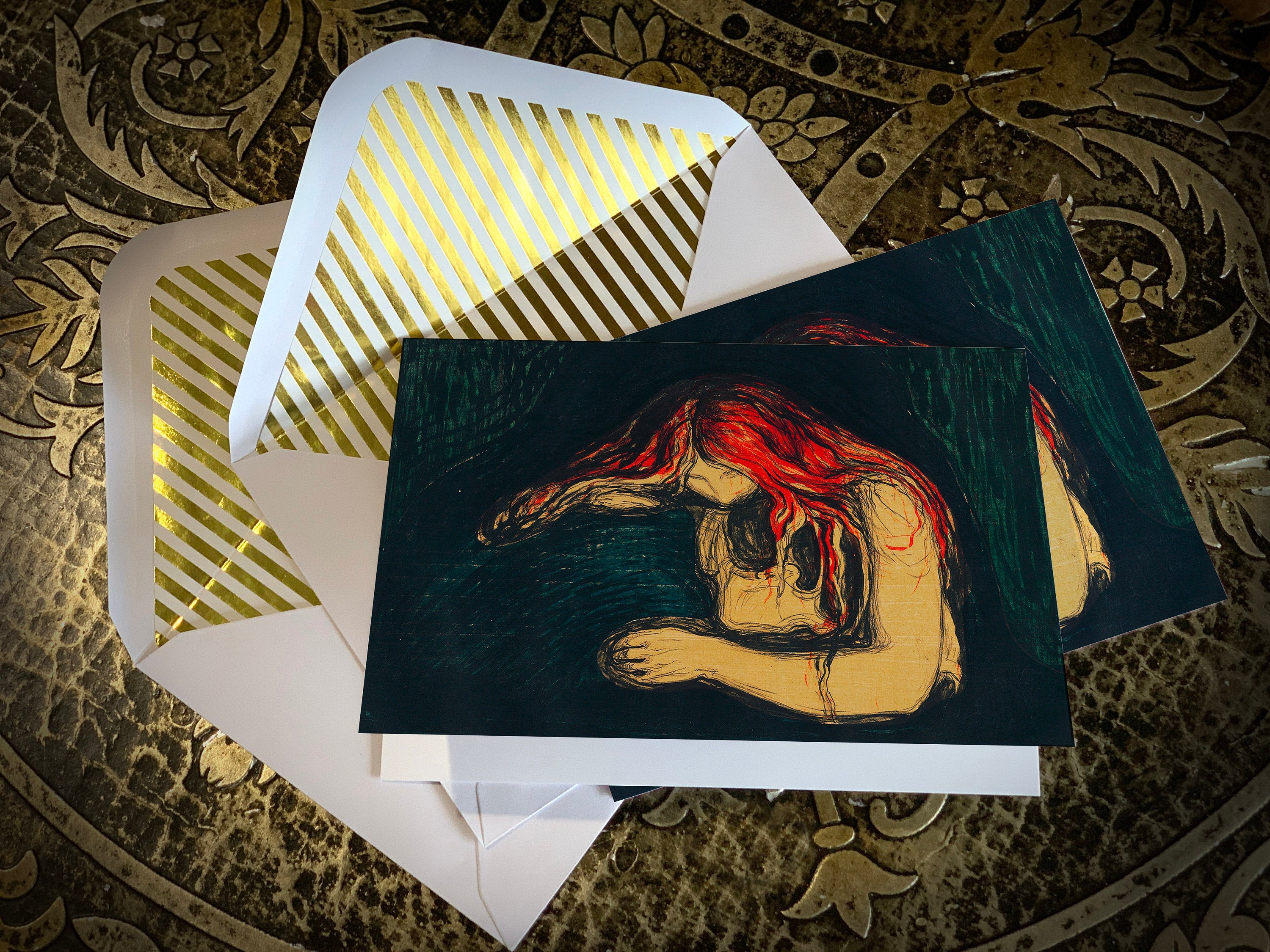 The Vampire II, or Love and Pain, by Edvard Munch, Gothic Greeting Card with Elegant Striped Gold Foil Envelope, 1 Card/Envelope