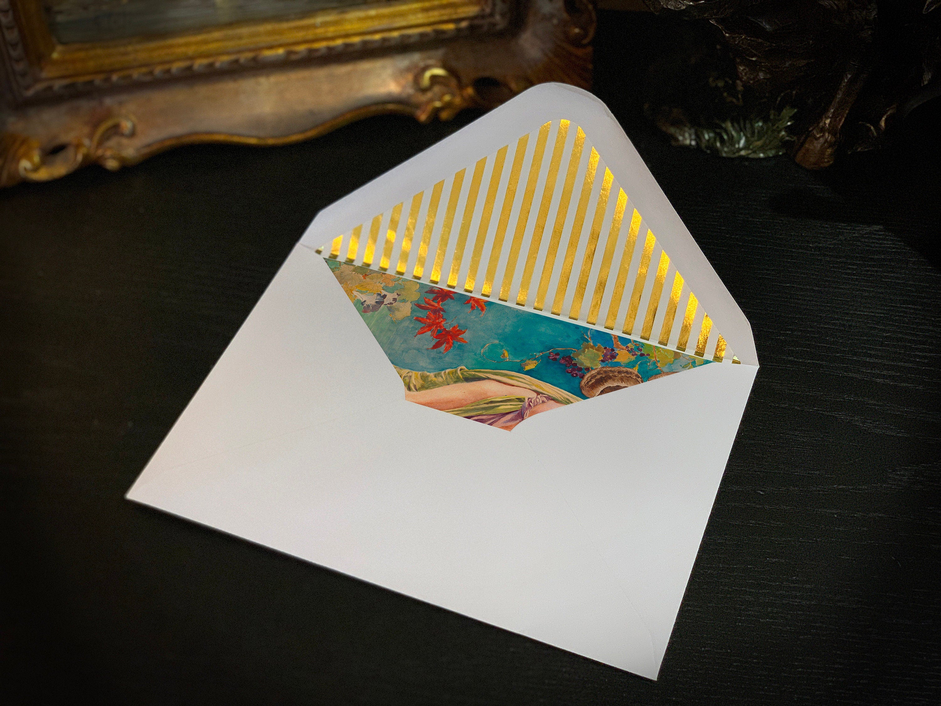 Autumn Scattering Leaves by John La Farge, Everyday Greeting Card with Elegant Striped Gold Foil Envelope, 1 Card/Envelope