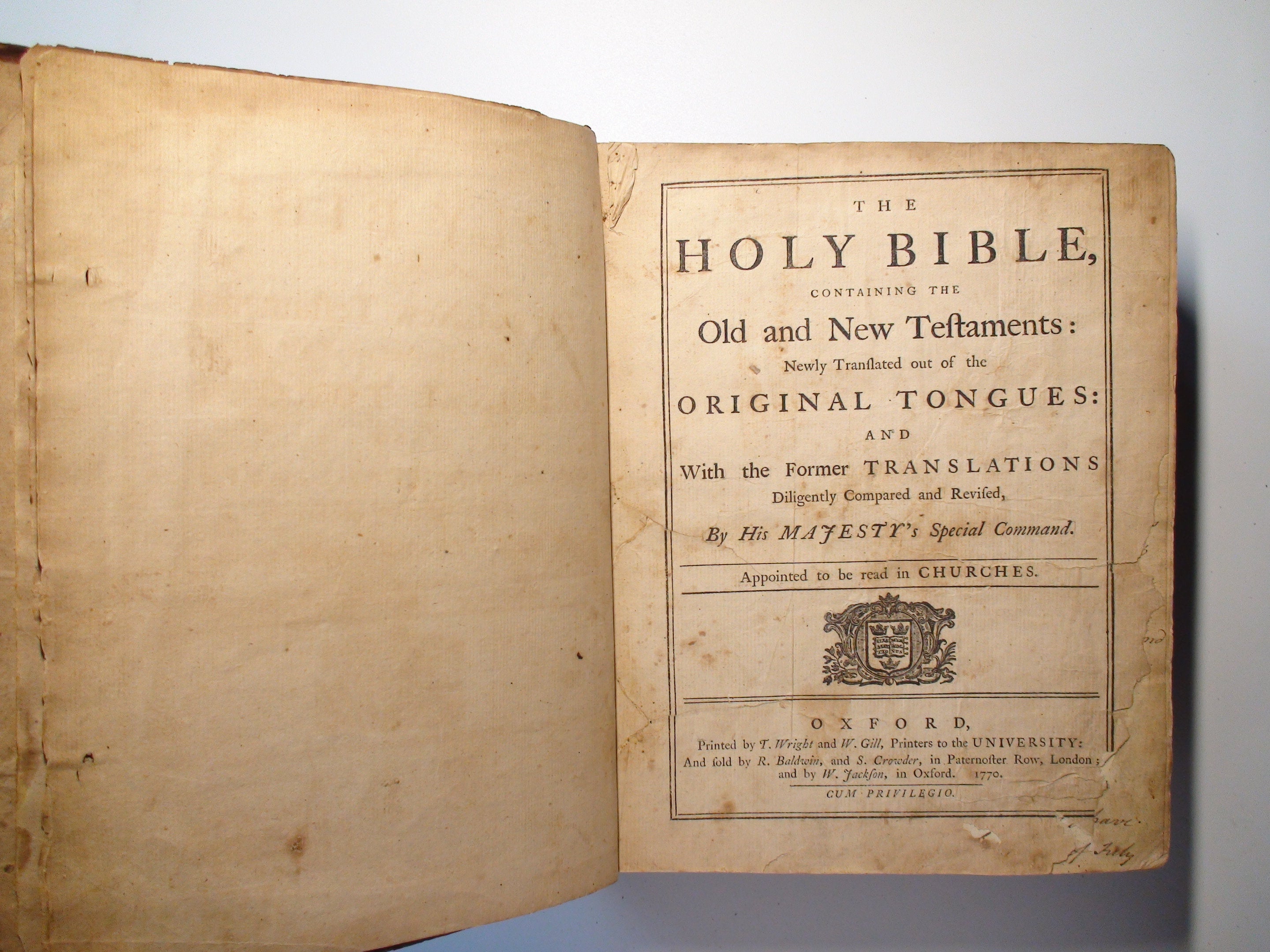 The Holy Bible, Old and New Testament, T. Wright & W. Gill, Leather, Rare, 1770