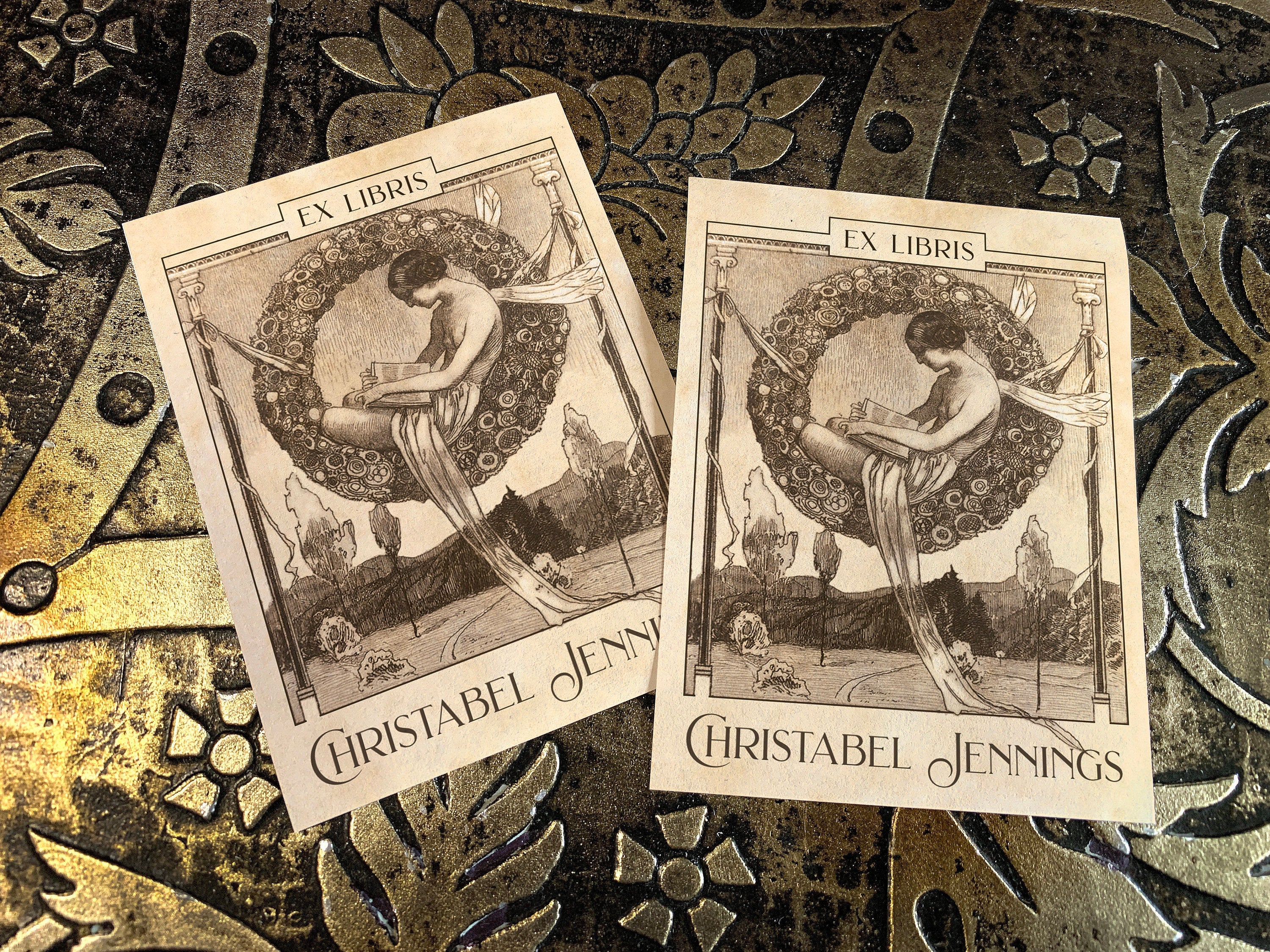 Fairy On a Wreath, Personalized Ex-Libris Bookplates, Crafted on Traditional Gummed Paper, 3in x 4in, Set of 30