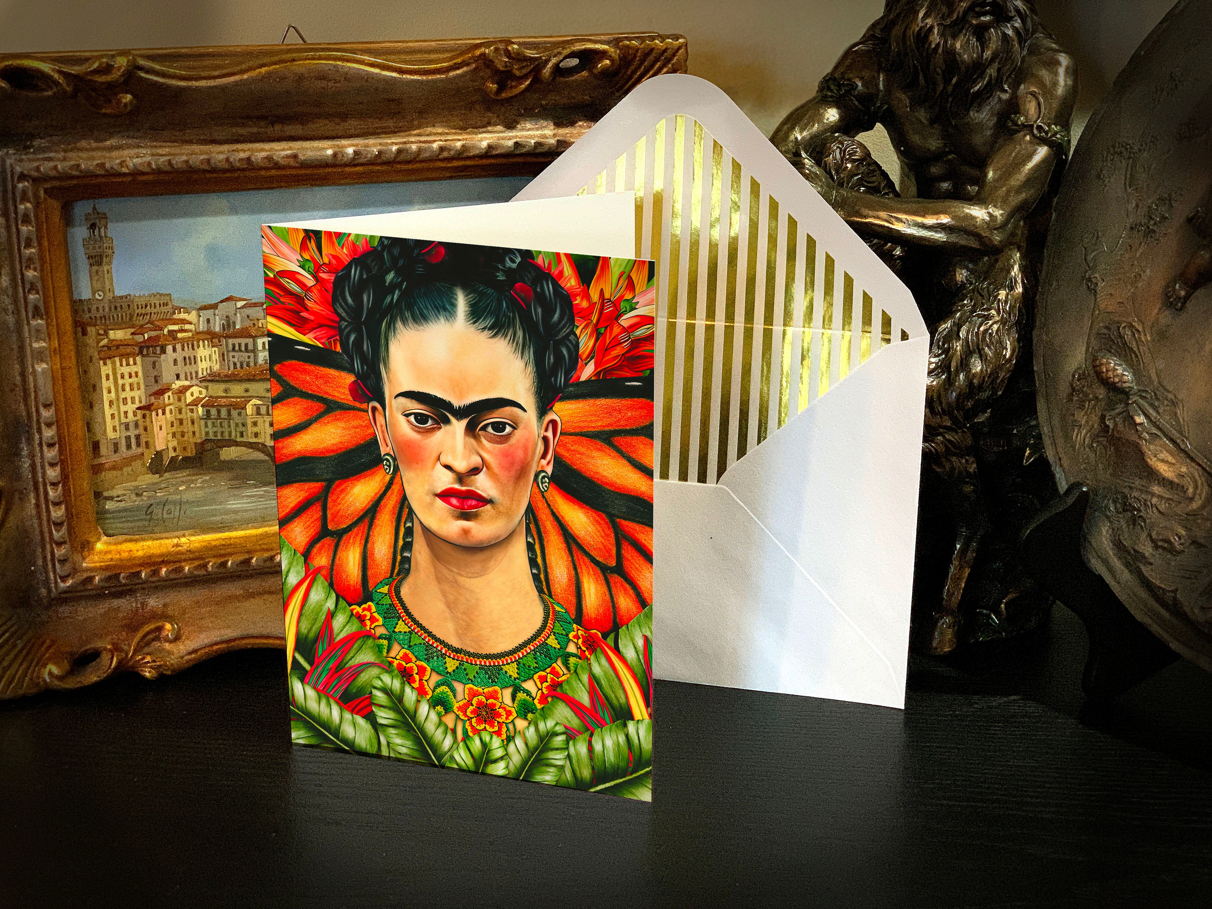 Portrait of Frida Kahlo Tropical Maximalist Greeting Card with Elegant Striped Gold Foil Envelope, 1 Card/Envelope