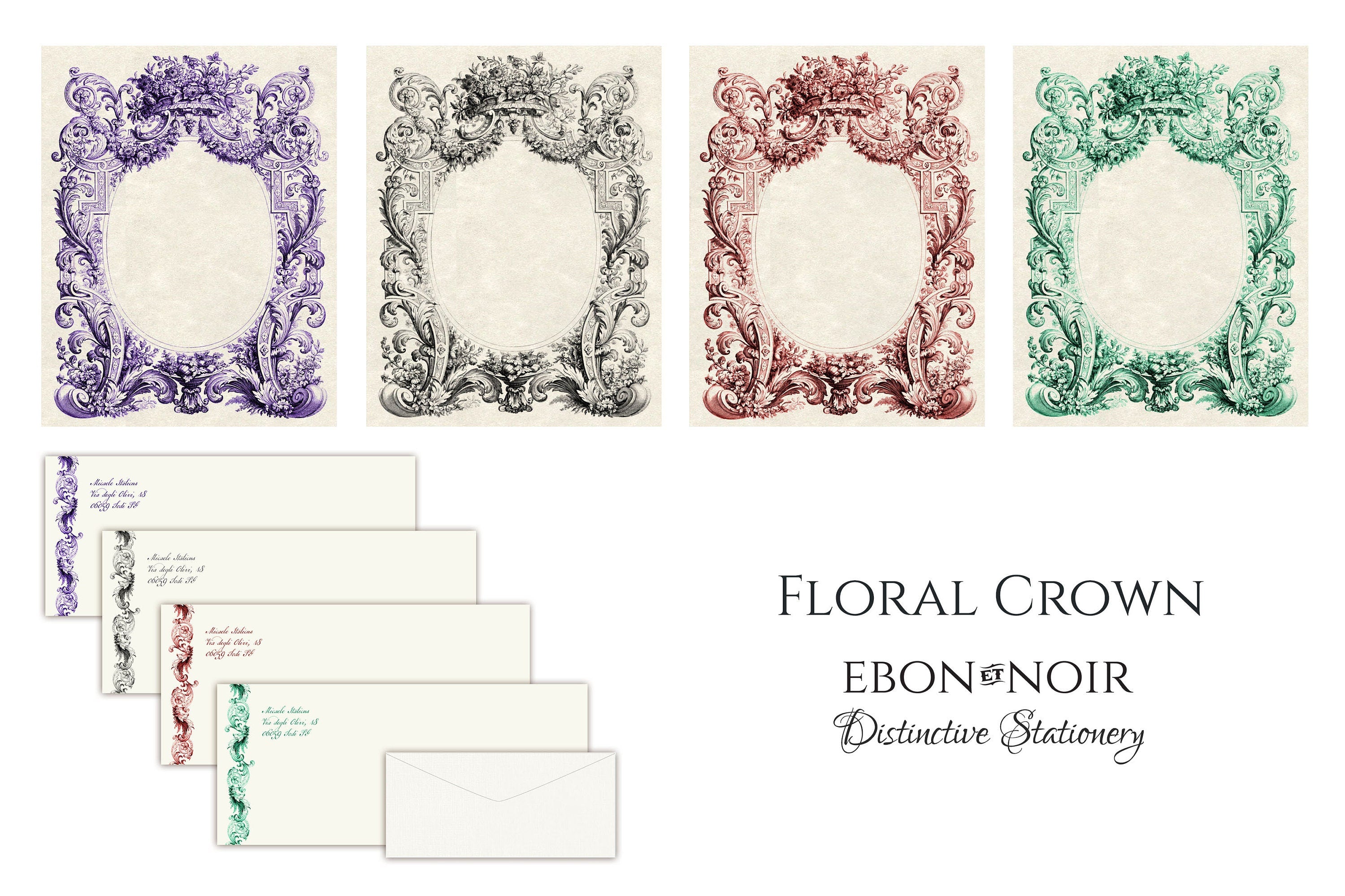 Floral Crown, Luxurious Handcrafted Stationery Set for Letter Writing, Personalized, 12 Sheets/10 Envelopes, Available in 4 Colors