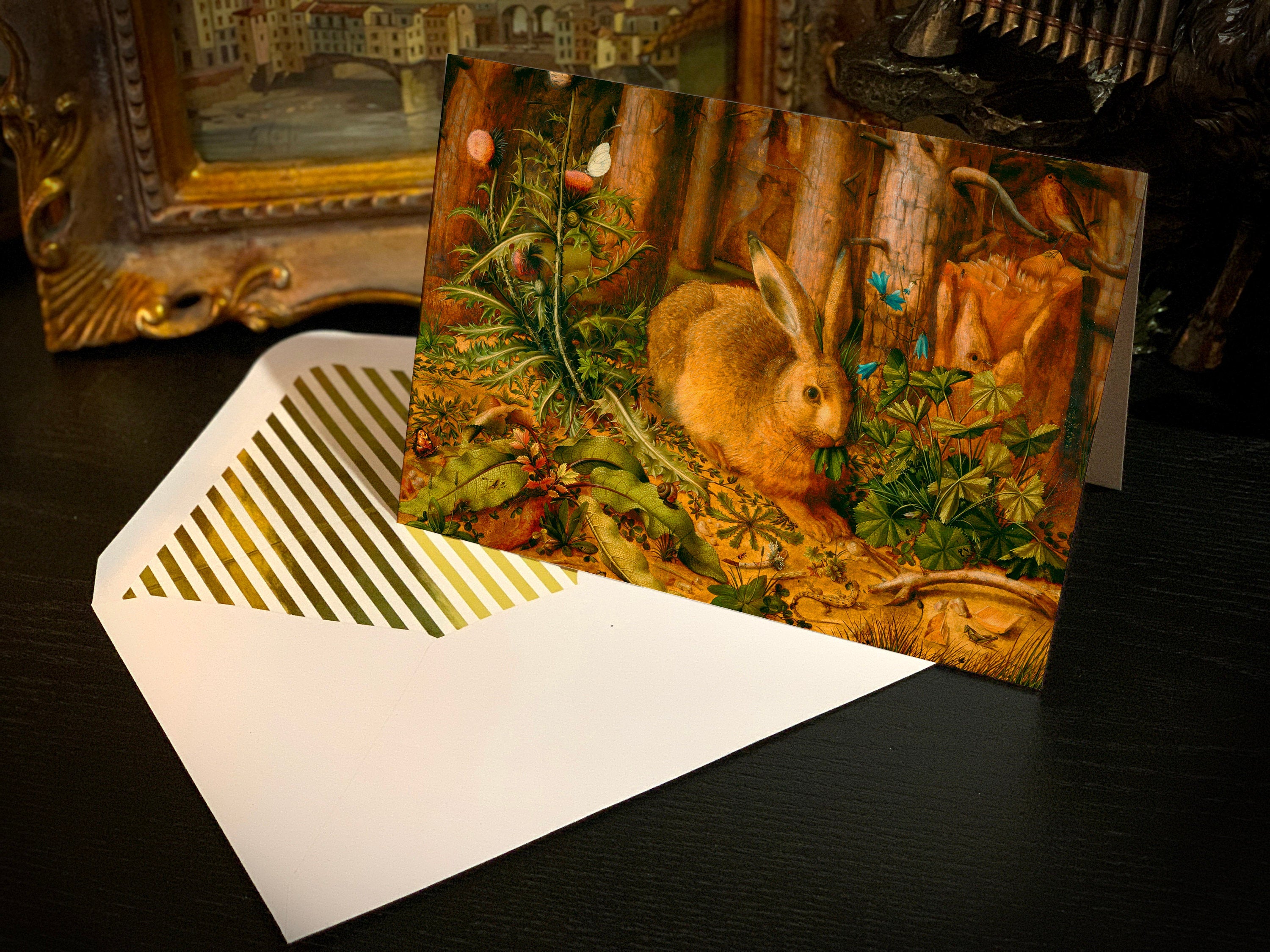 A Hare in the Forest by Hans Hoffmann, Easter/Ostara Greeting Card with Elegant Striped Gold Foil Envelope, 1 Card/Envelope