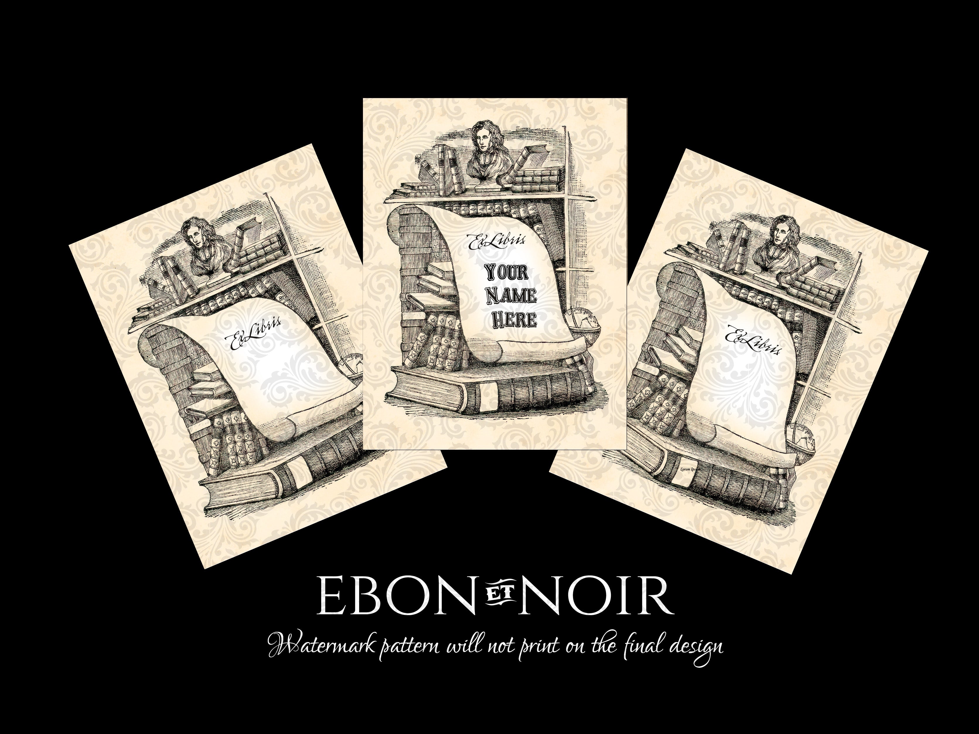 Shelf with Bust and Scroll, Personalized Gothic Ex-Libris Bookplates, Crafted on Traditional Gummed Paper, 3in x 4in, Set of 30