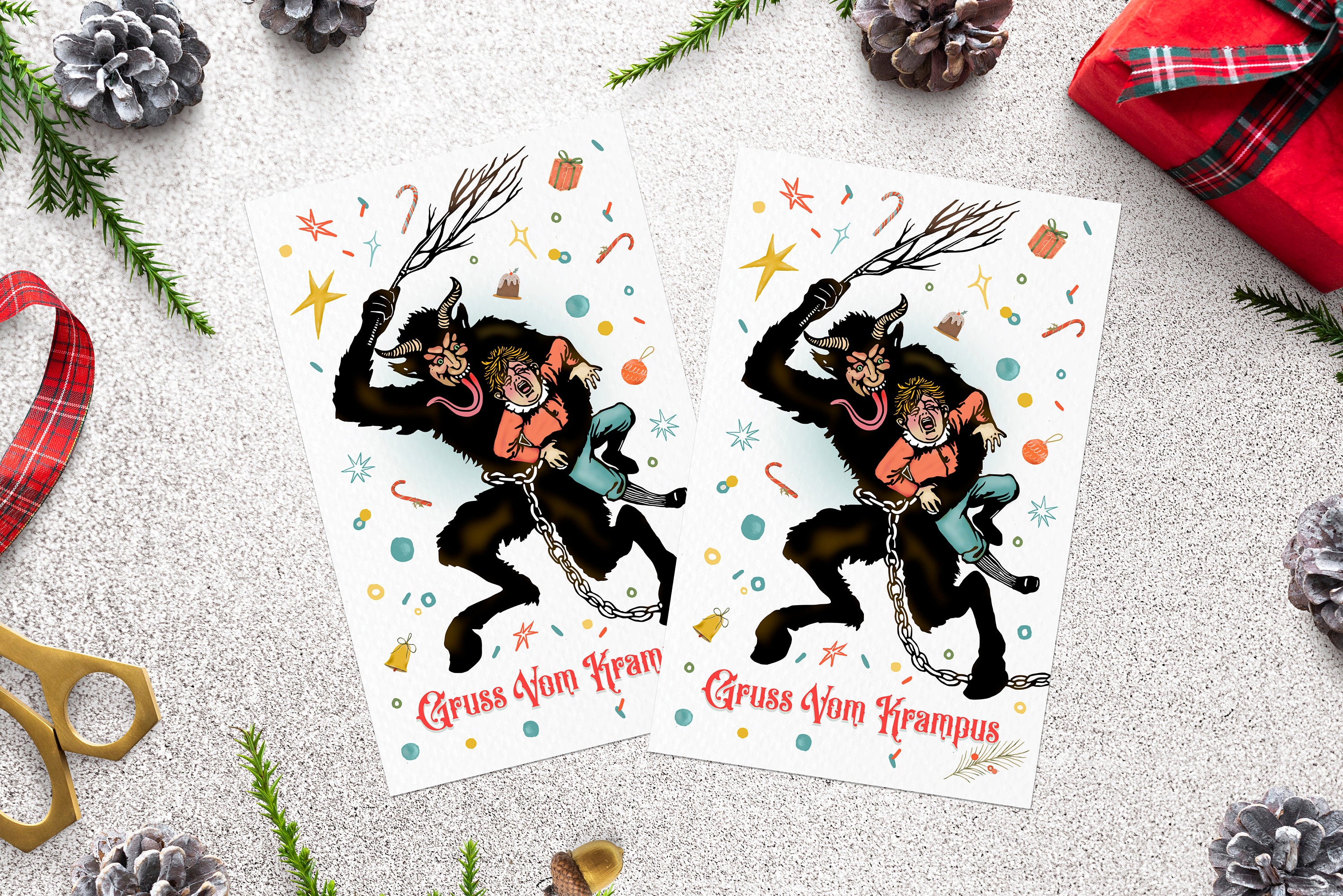 Season's Beatings, Gruss Vom Krampus Christmas Postcard Set, 4 Designs, Set of 12