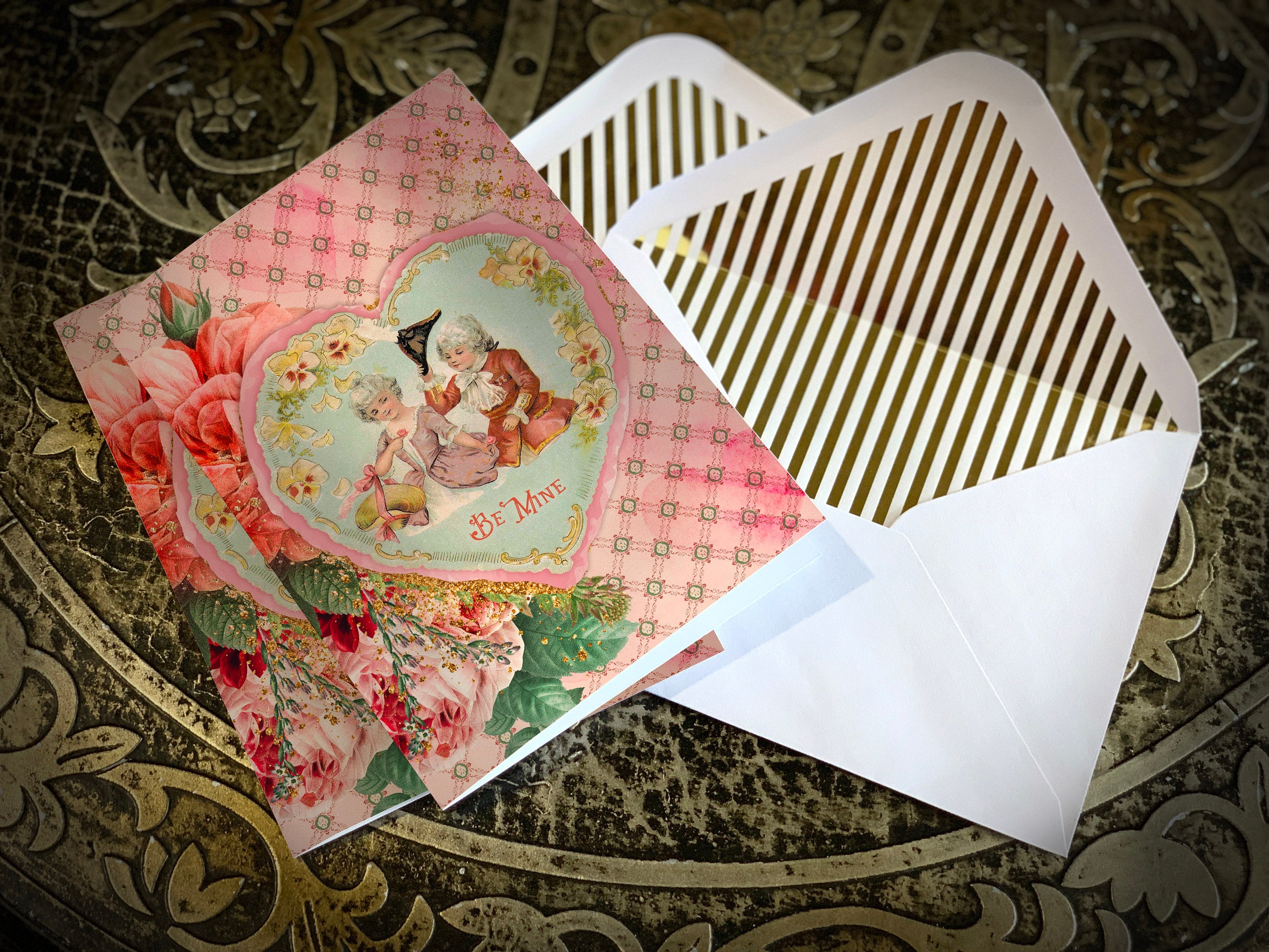 Be Mine, Vintage Victorian Valentine Greeting Card with Elegant Gold Foil Envelopes, 1 Card/Envelope