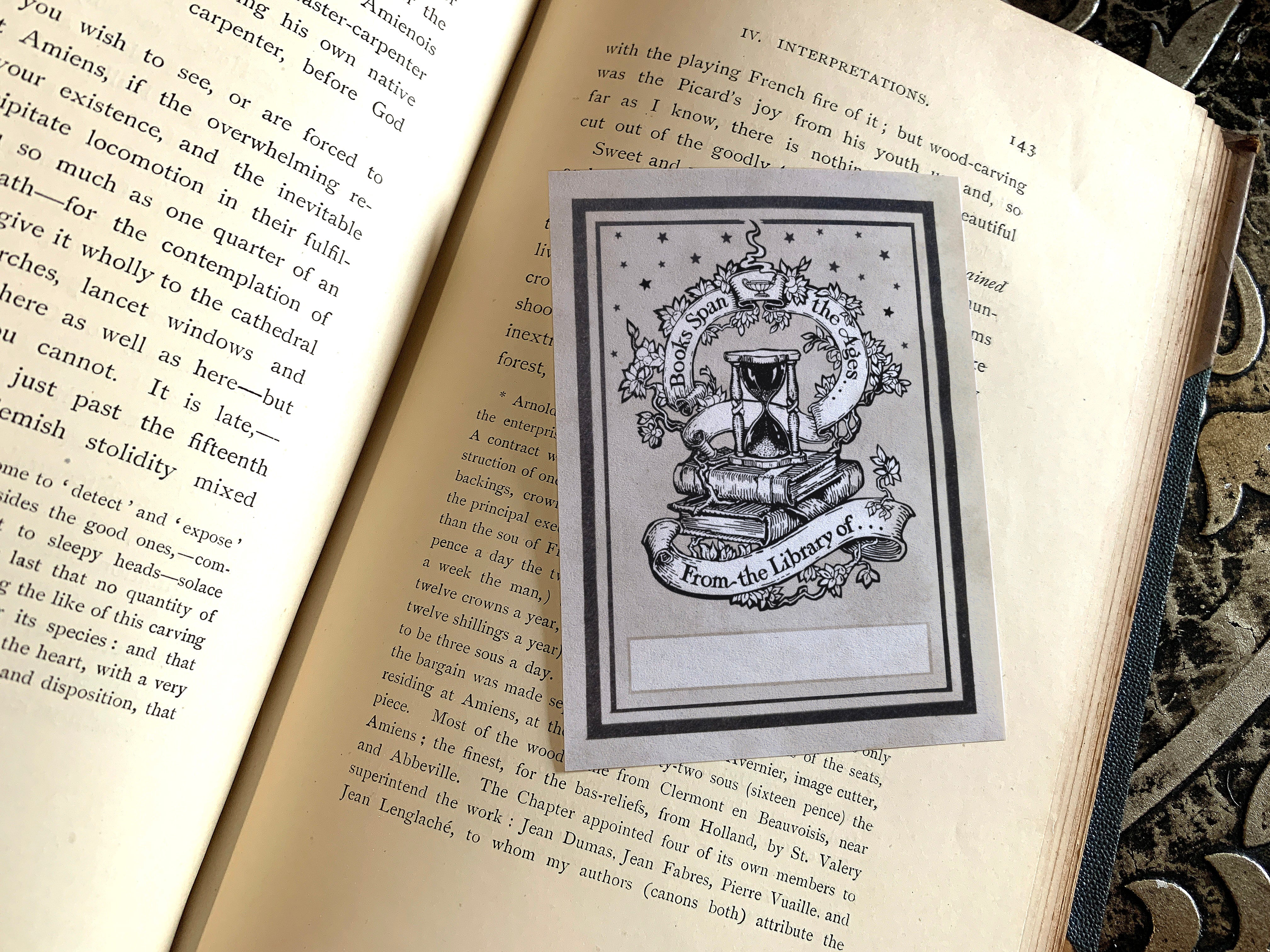 Books Span the Ages, Personalized Ex-Libris Bookplates, Crafted on Traditional Gummed Paper, 3in x 4in, Set of 30