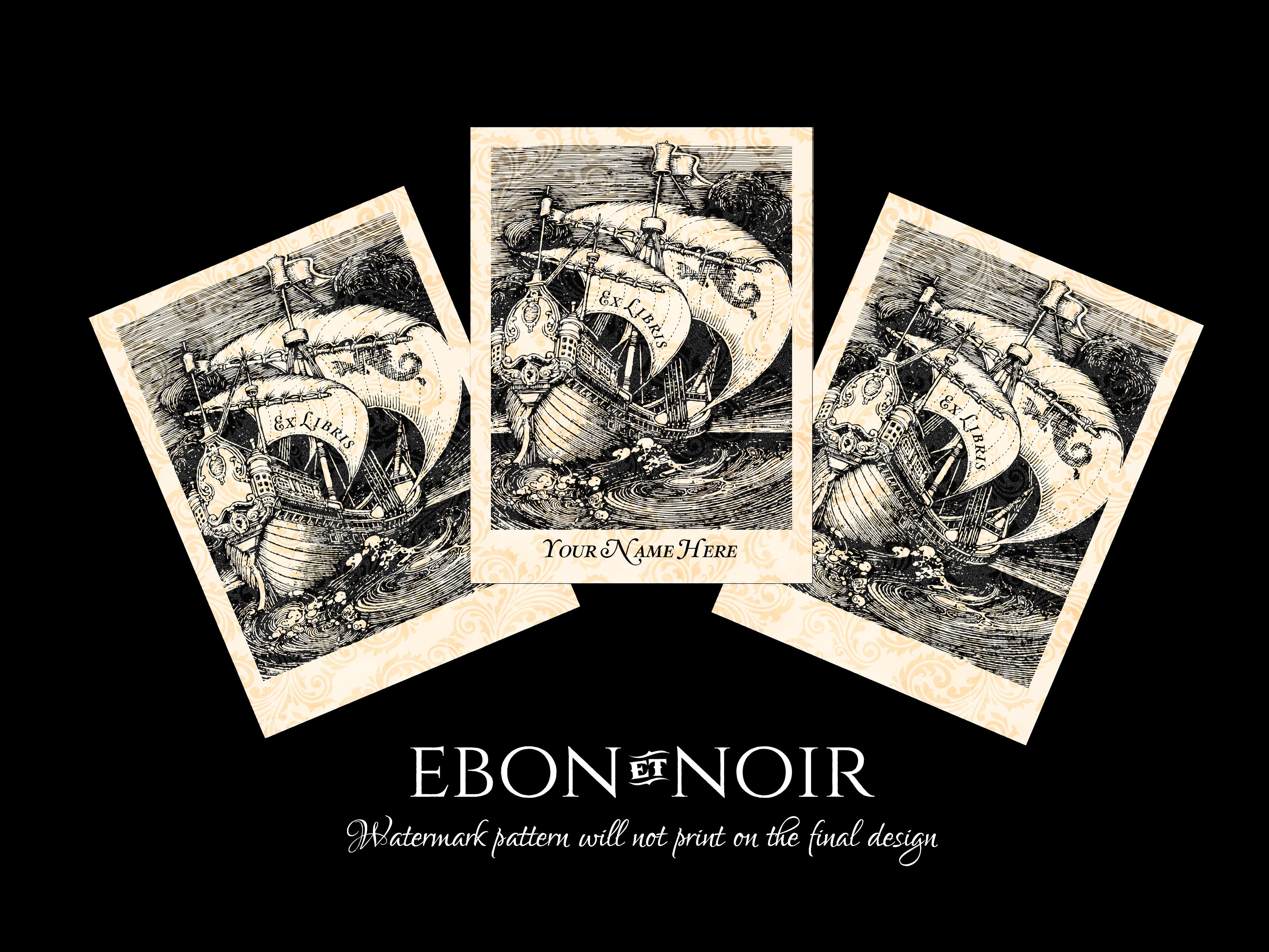 Fantasy Galleon, Personalized Naval Ex-Libris Bookplates, Crafted on Traditional Gummed Paper, 3in x 4in, Set of 30