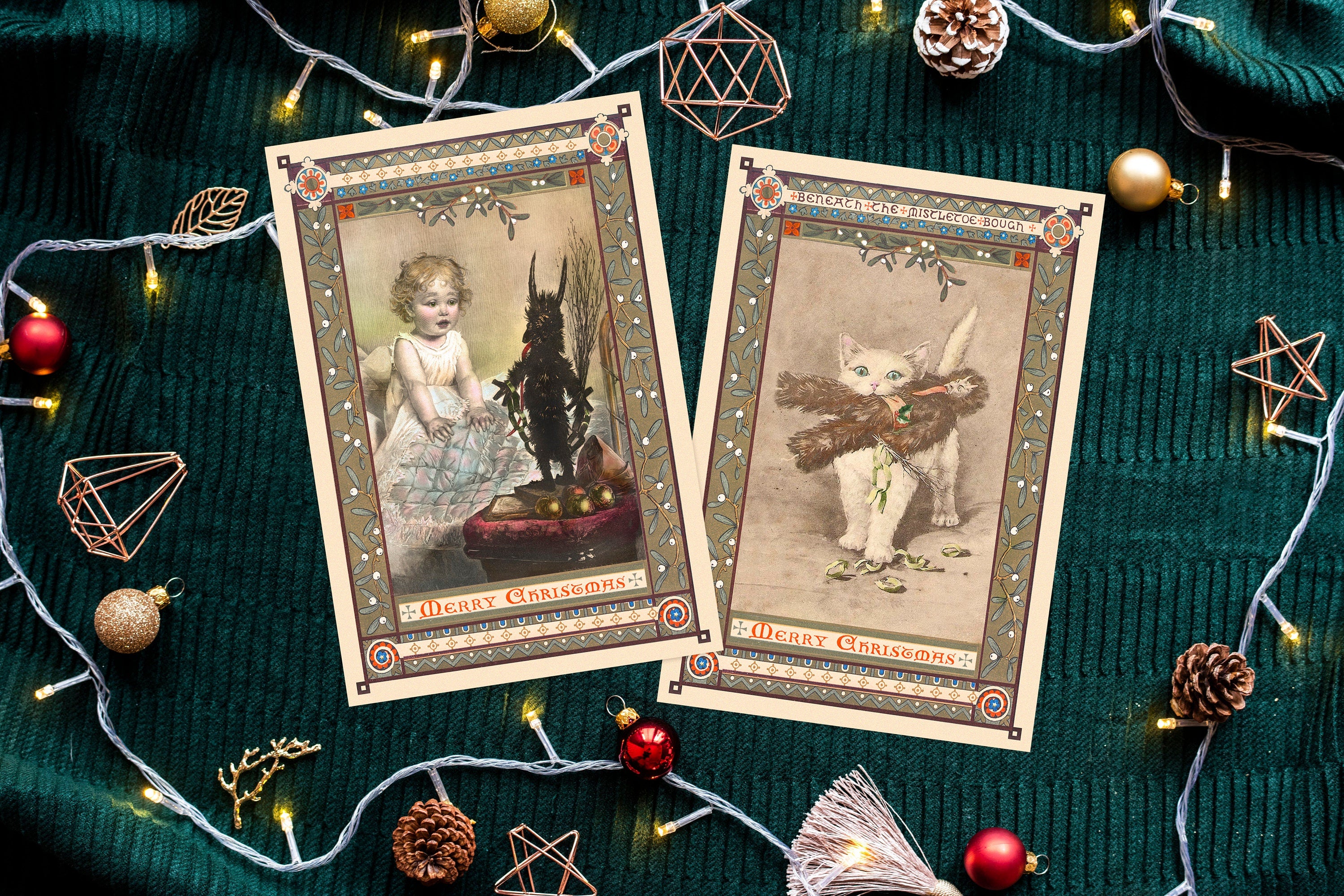 Krampus Dollies, Victorian-Inspired Christmas Postcard Set, Two Colors, Set of 12