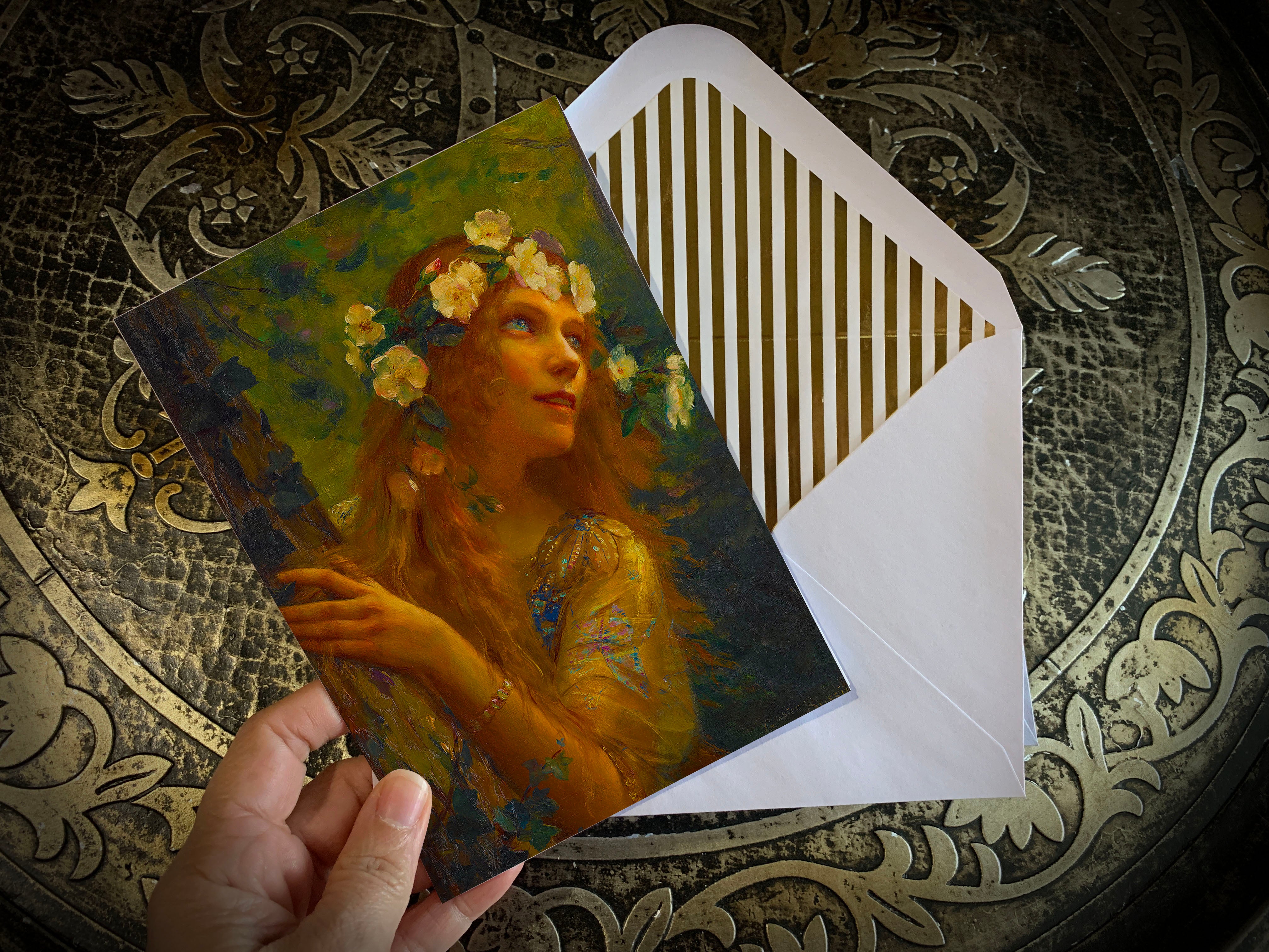 Water Nymphs by Gaston Bussiere, Everyday Greeting Cards with Elegant Striped Gold Foil Envelopes, 5in x 7in, 5 Cards/5 Envelopes