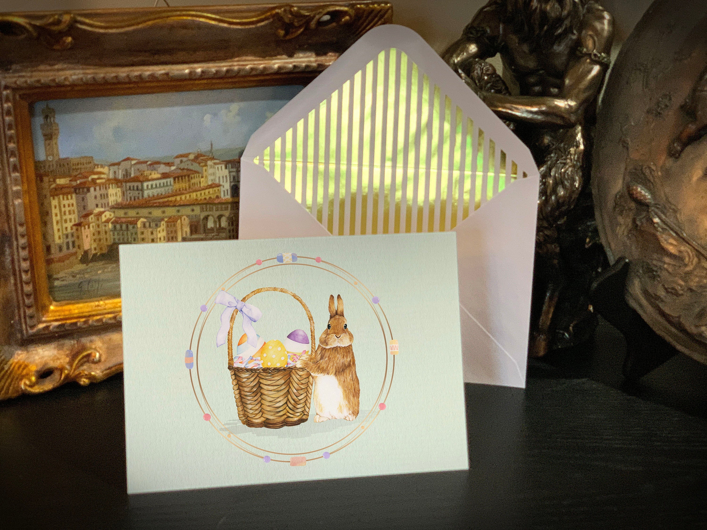 Bunny Egg Basket, Easter Greeting Card with Elegant Striped Gold Foil Envelope, 1 Card/Envelope