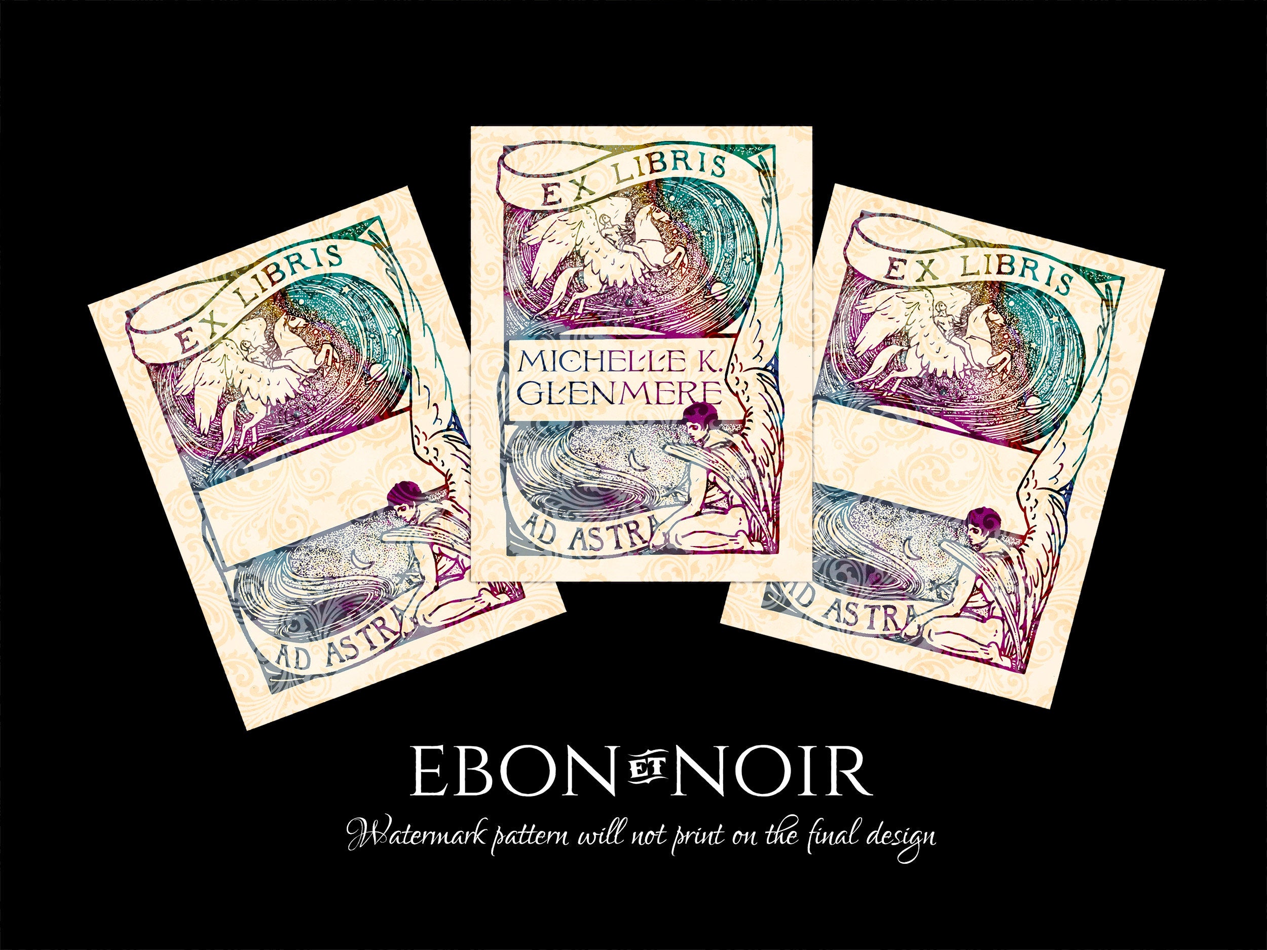 To the Stars! Angel and Pegasus, Personalized Ex-Libris Bookplates, Crafted on Traditional Gummed Paper, 3in x 4in, Set of 30